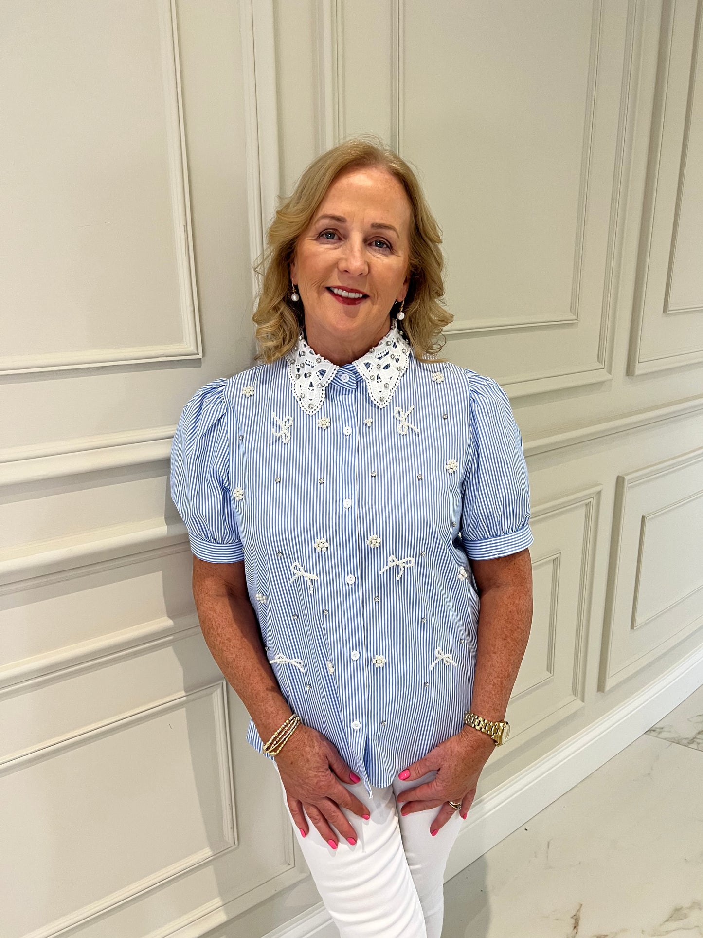 Millie Embellished Crochet Collar Short Sleeve Shirt