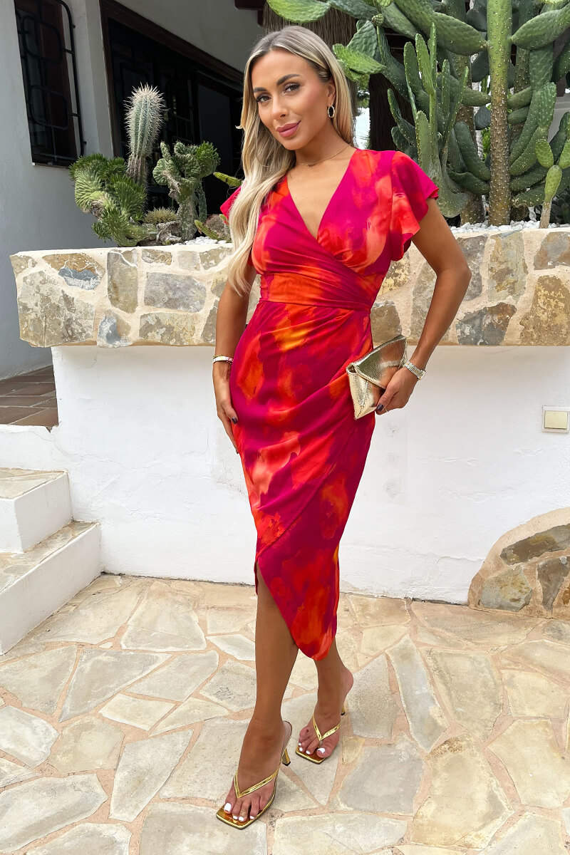 Olivia Pink And Orange Smudge Print Flutter Sleeve Wrap Midi Dress