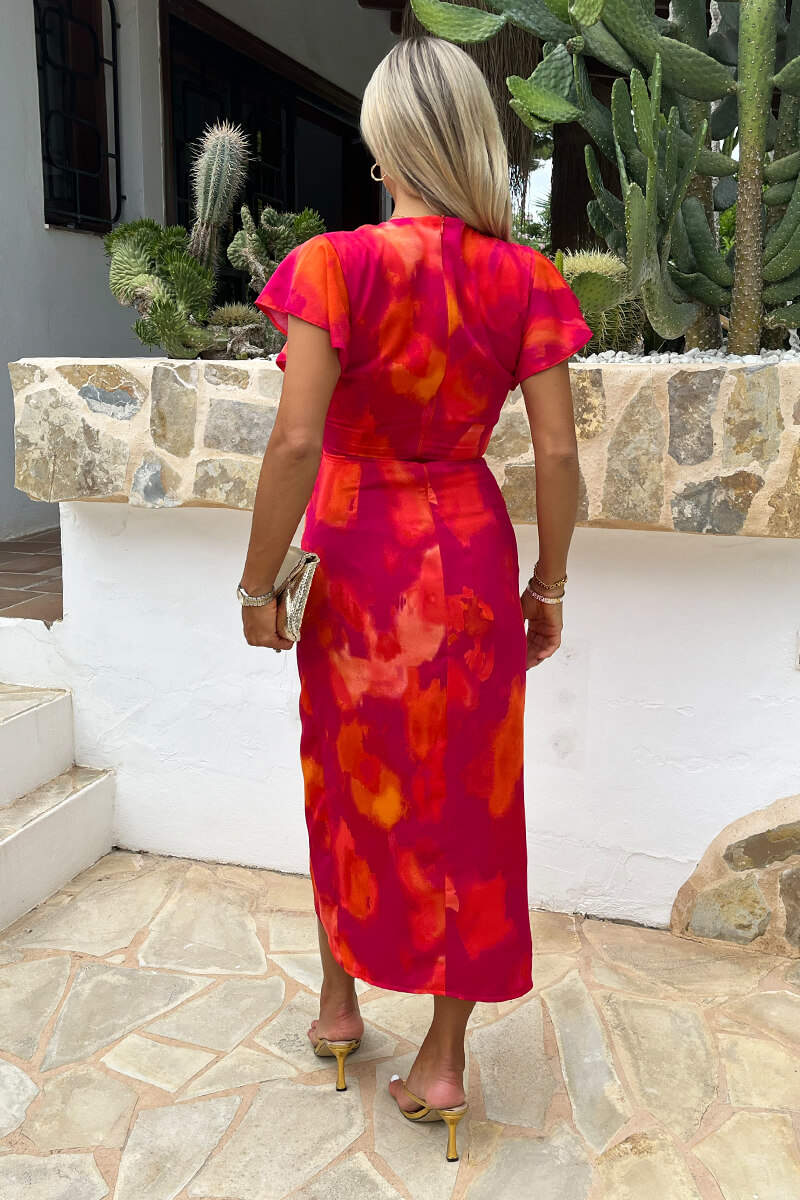 Olivia Pink And Orange Smudge Print Flutter Sleeve Wrap Midi Dress