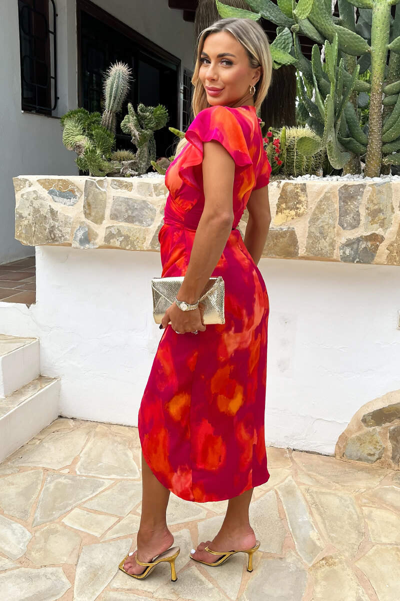 Olivia Pink And Orange Smudge Print Flutter Sleeve Wrap Midi Dress