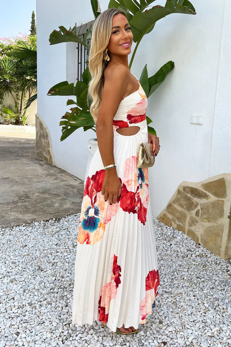 Demi Cream Bold Floral Print One Shoulder Cut Out Pleated Midi Dress