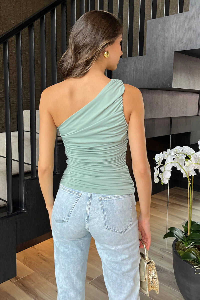 Ella Duck Egg One Shoulder Ring Detail Ruched Waist Draped Top