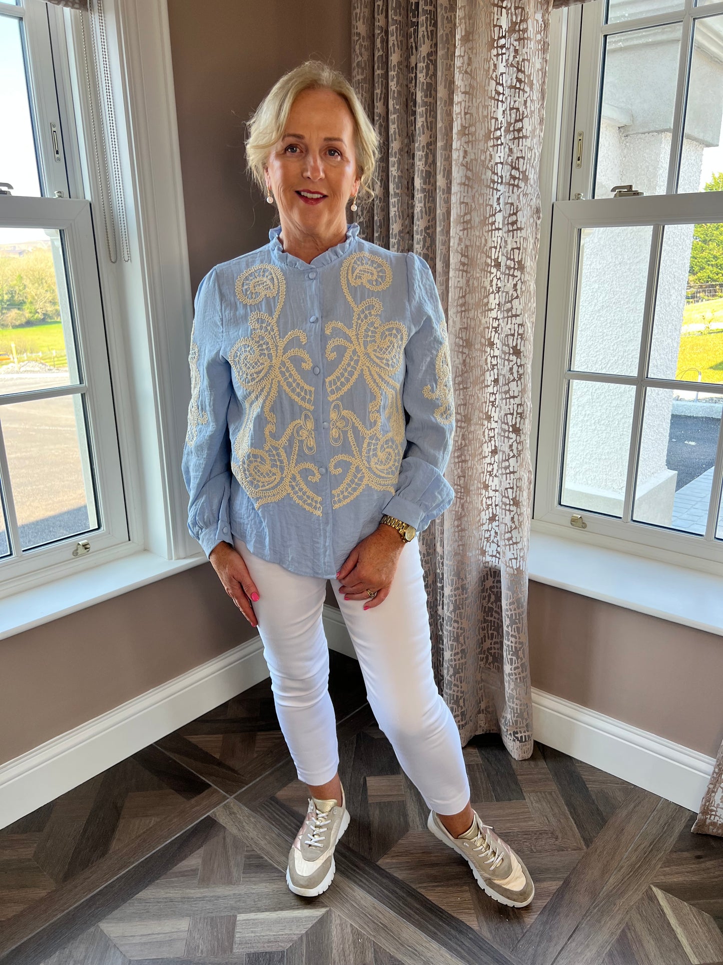Blaithin Button Up Collar Light Blue Embroidered Long Sleeve Blouse