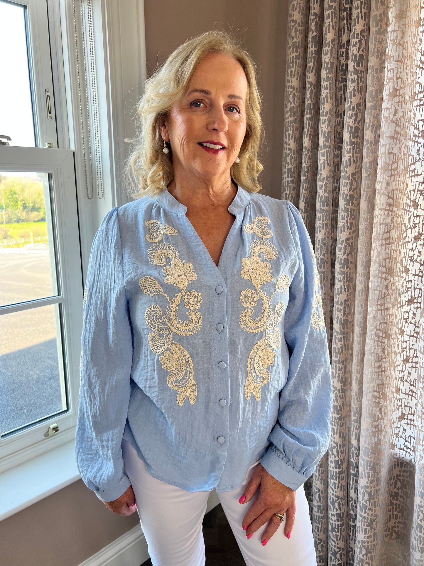 Jordan V Neck Powder Blue Embroidered Long Sleeve Shirt