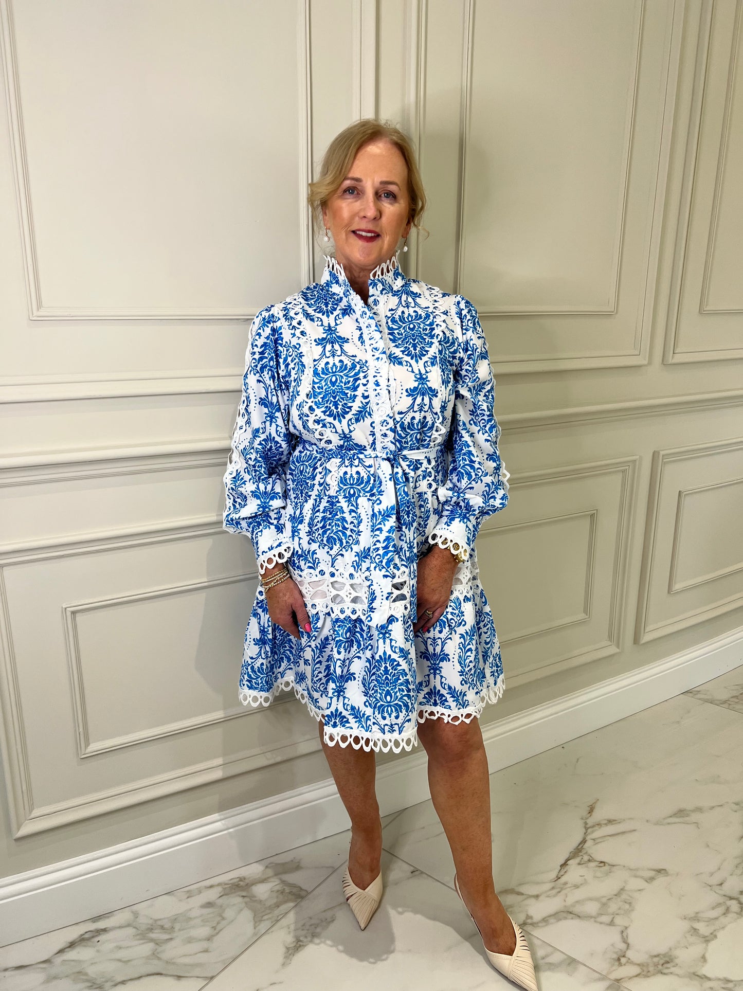 Claire Laced Detailed Blue And White Belted Dress