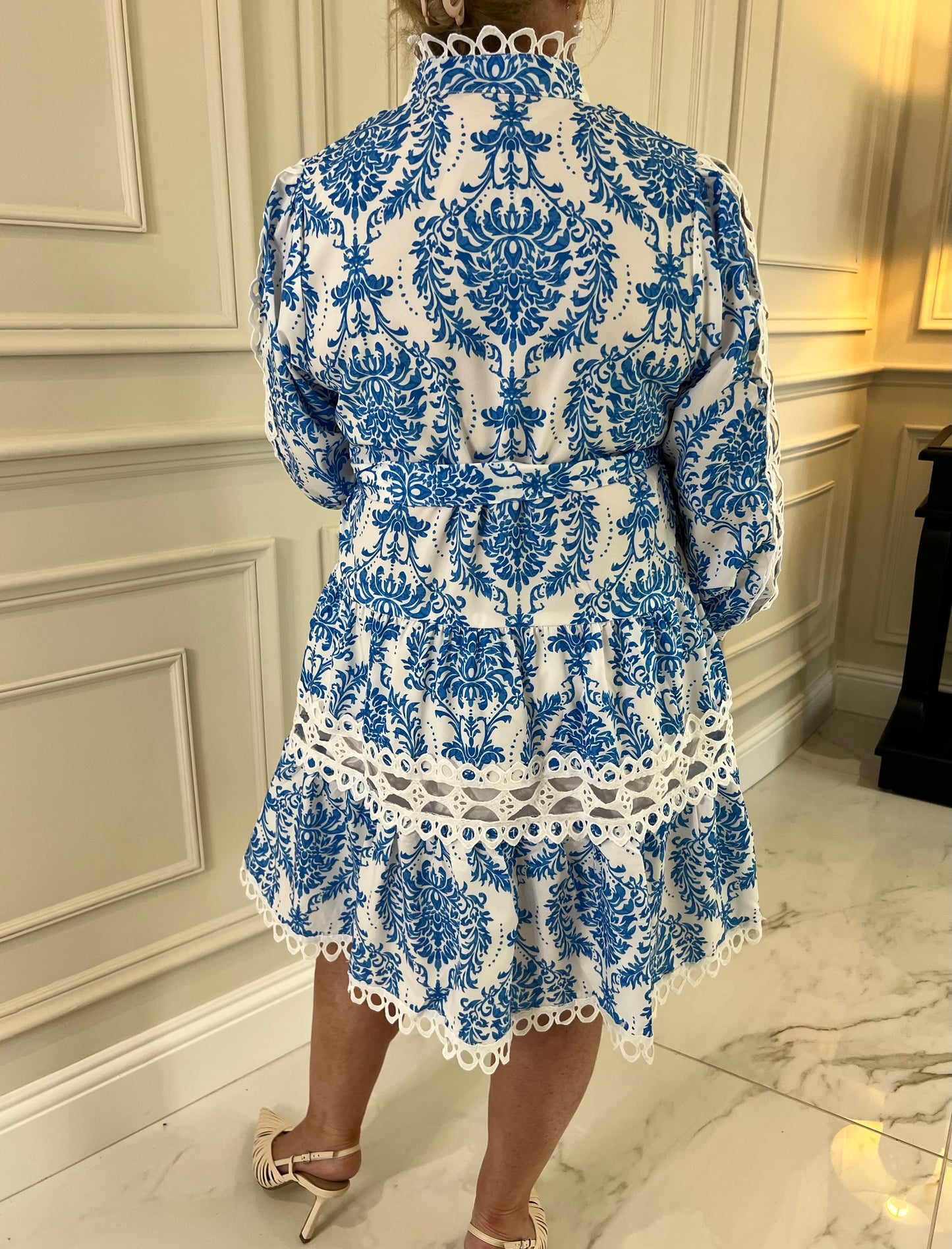 Claire Laced Detailed Blue And White Belted Dress