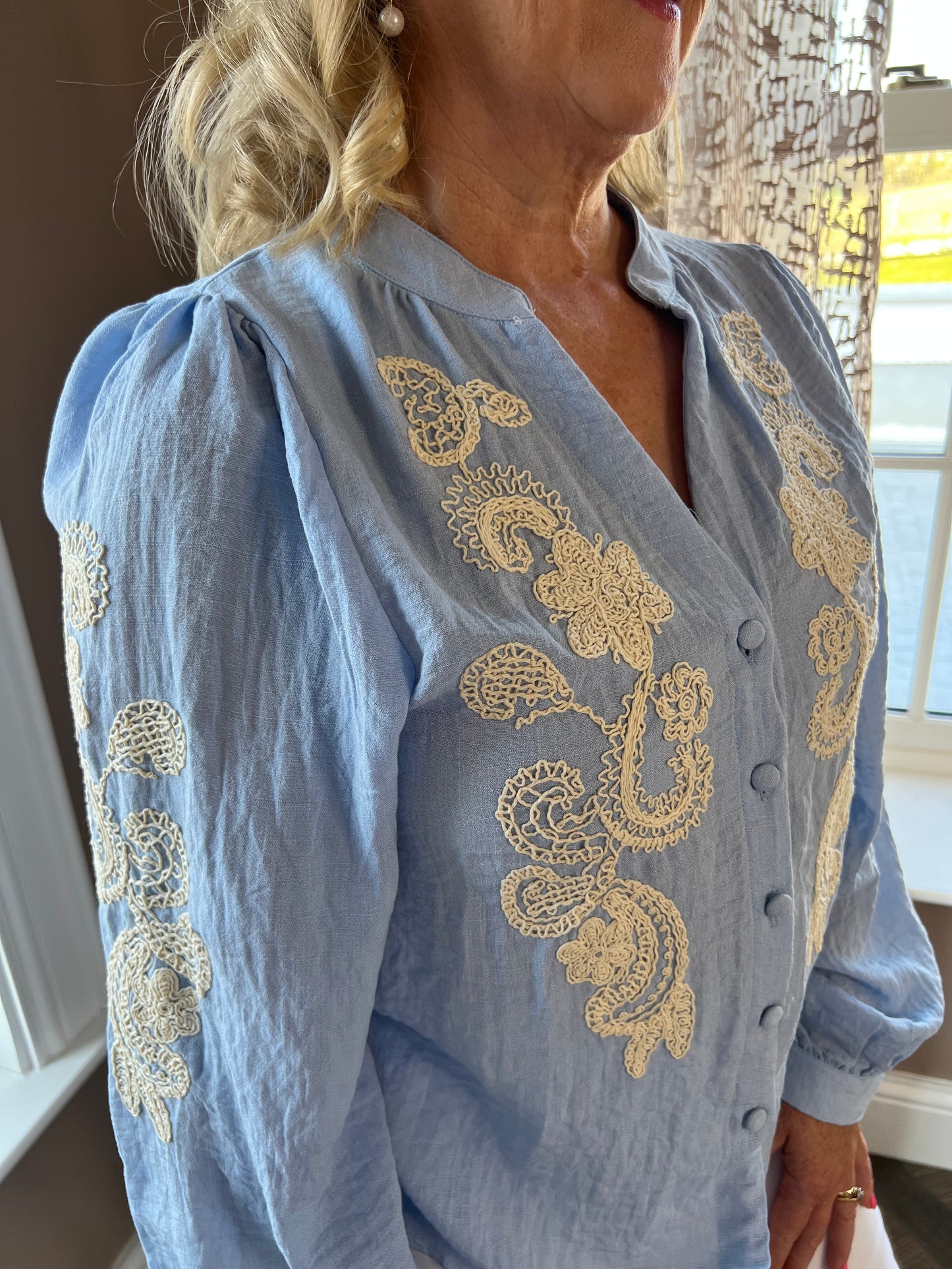 Jordan V Neck Powder Blue Embroidered Long Sleeve Shirt