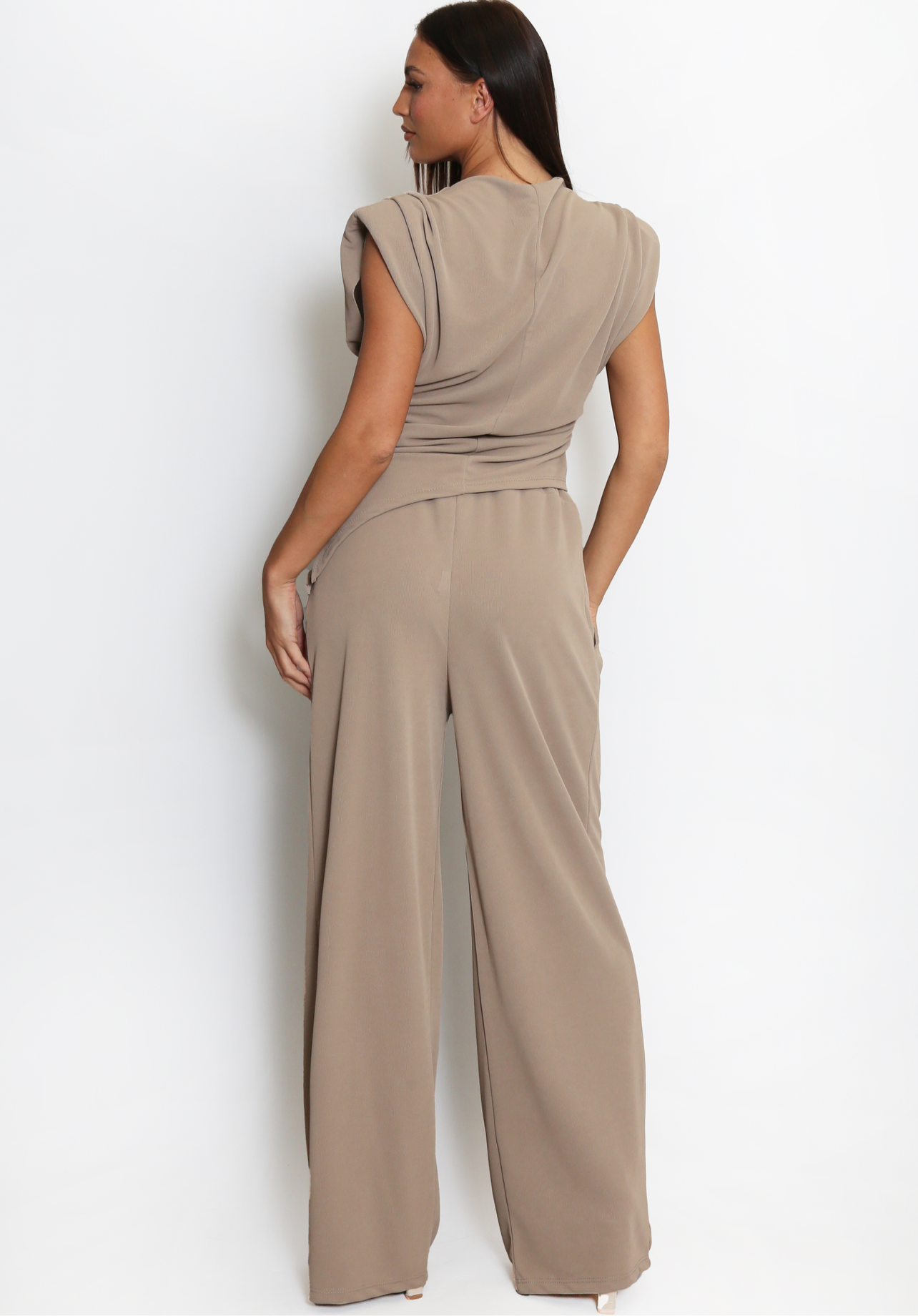 Nicole Taupe Asymmetric Top And Wide Leg Tousers Co-Ord