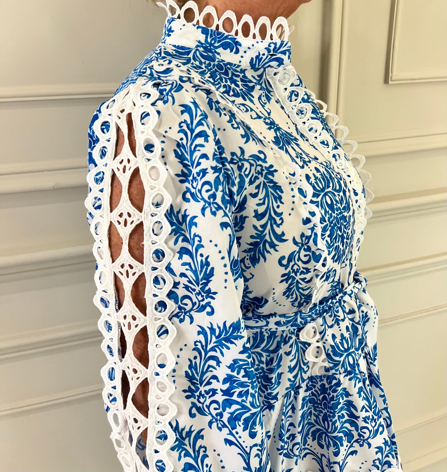 Claire Laced Detailed Blue And White Belted Dress