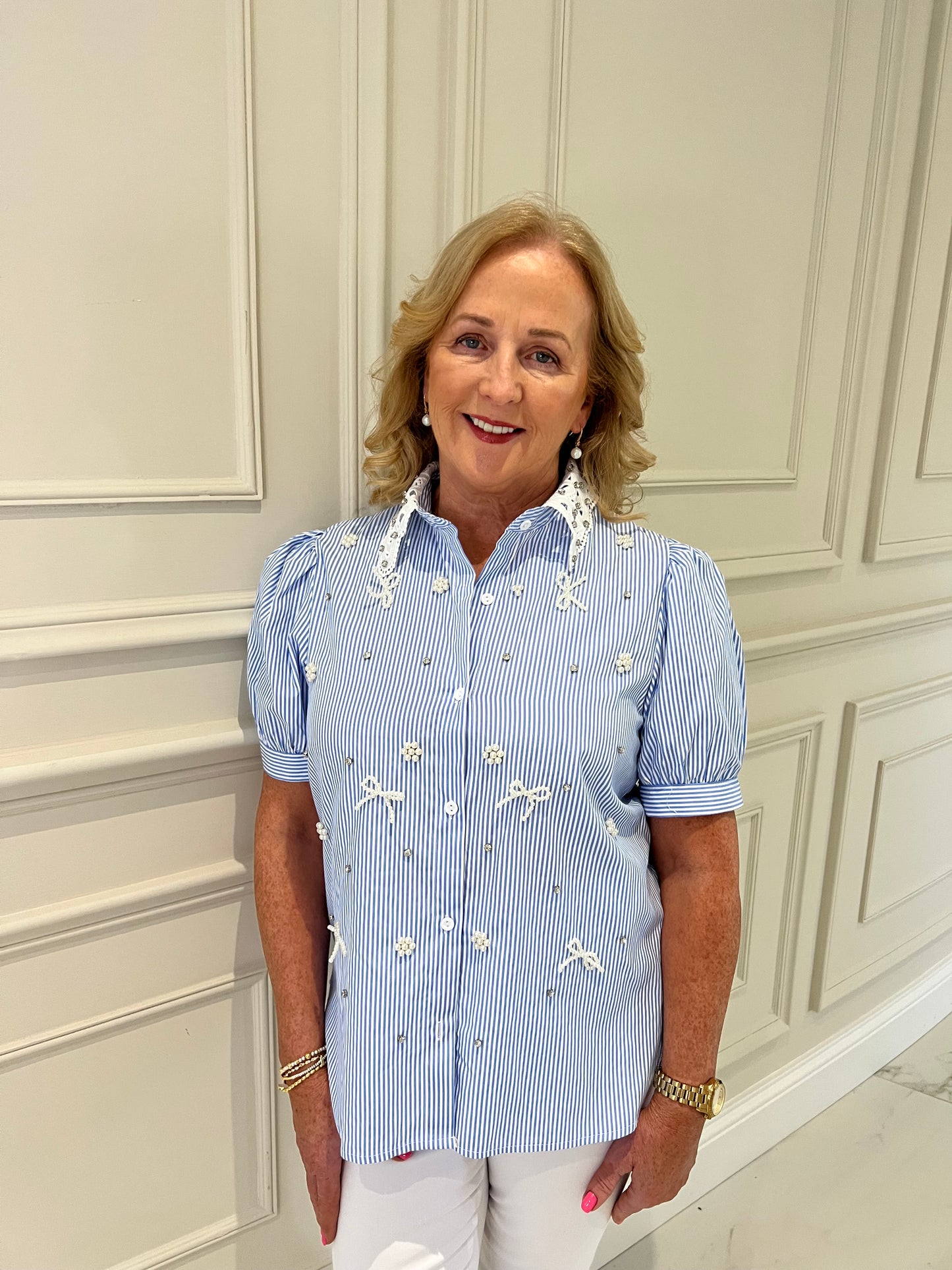 Millie Embellished Crochet Collar Short Sleeve Shirt