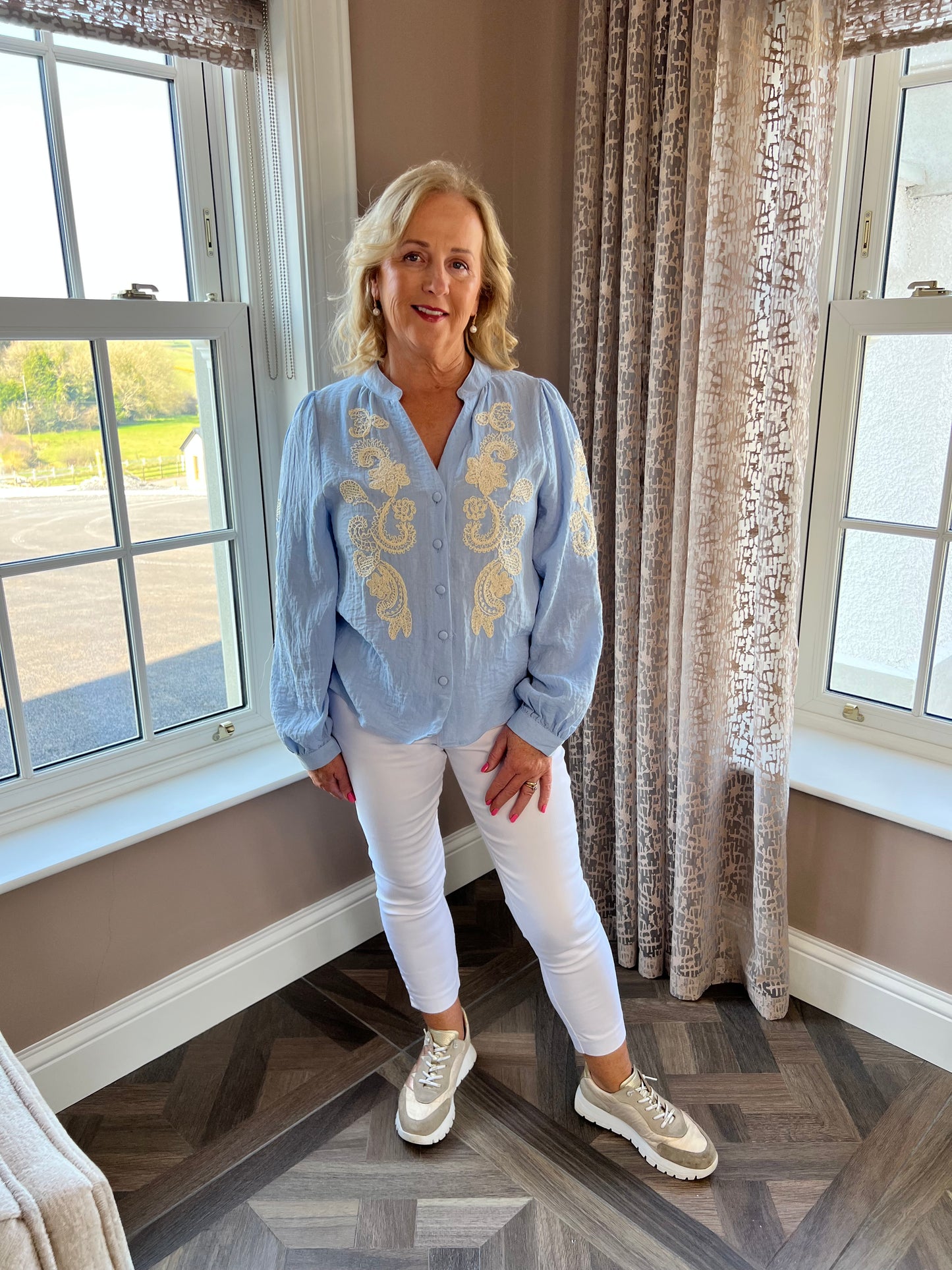Jordan V Neck Powder Blue Embroidered Long Sleeve Shirt