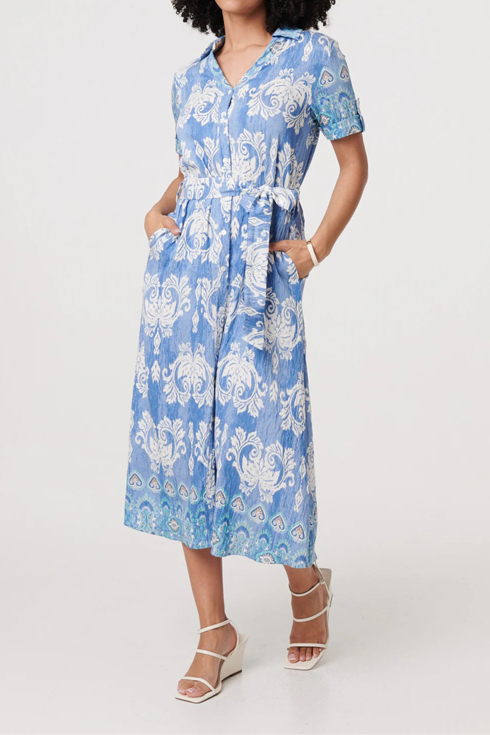 Lottie Blue And White Print Tie Waist Midi Dress