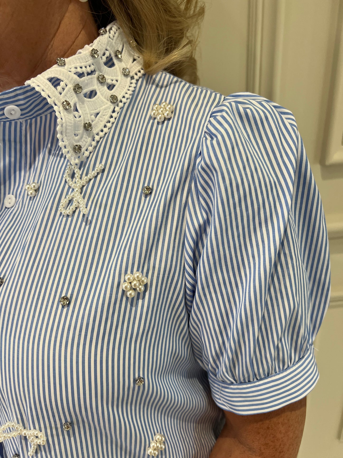 Millie Embellished Crochet Collar Short Sleeve Shirt