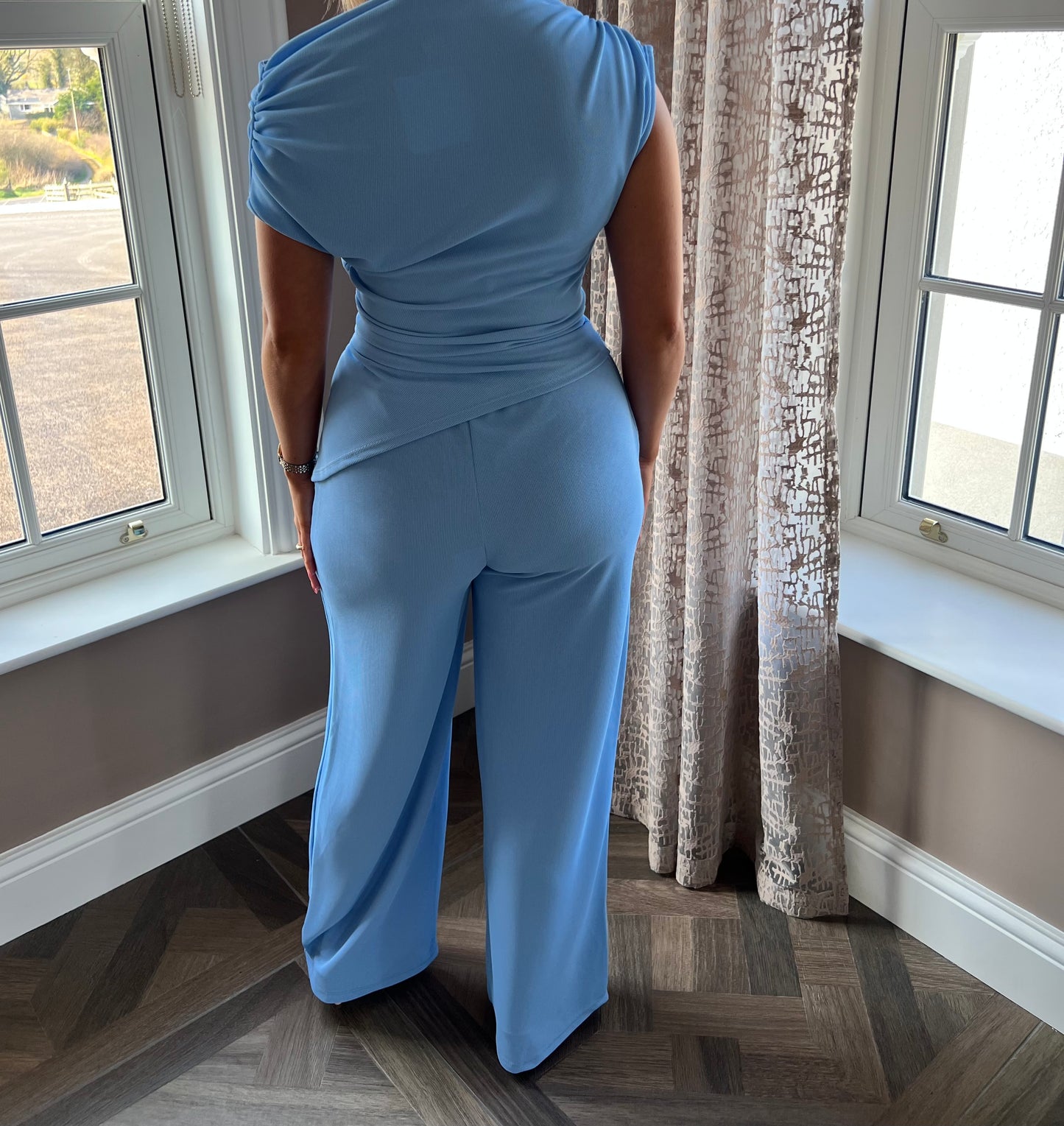 Rae Asymmetric Blue Ruched Top And Pleat Trouser Co-Ord