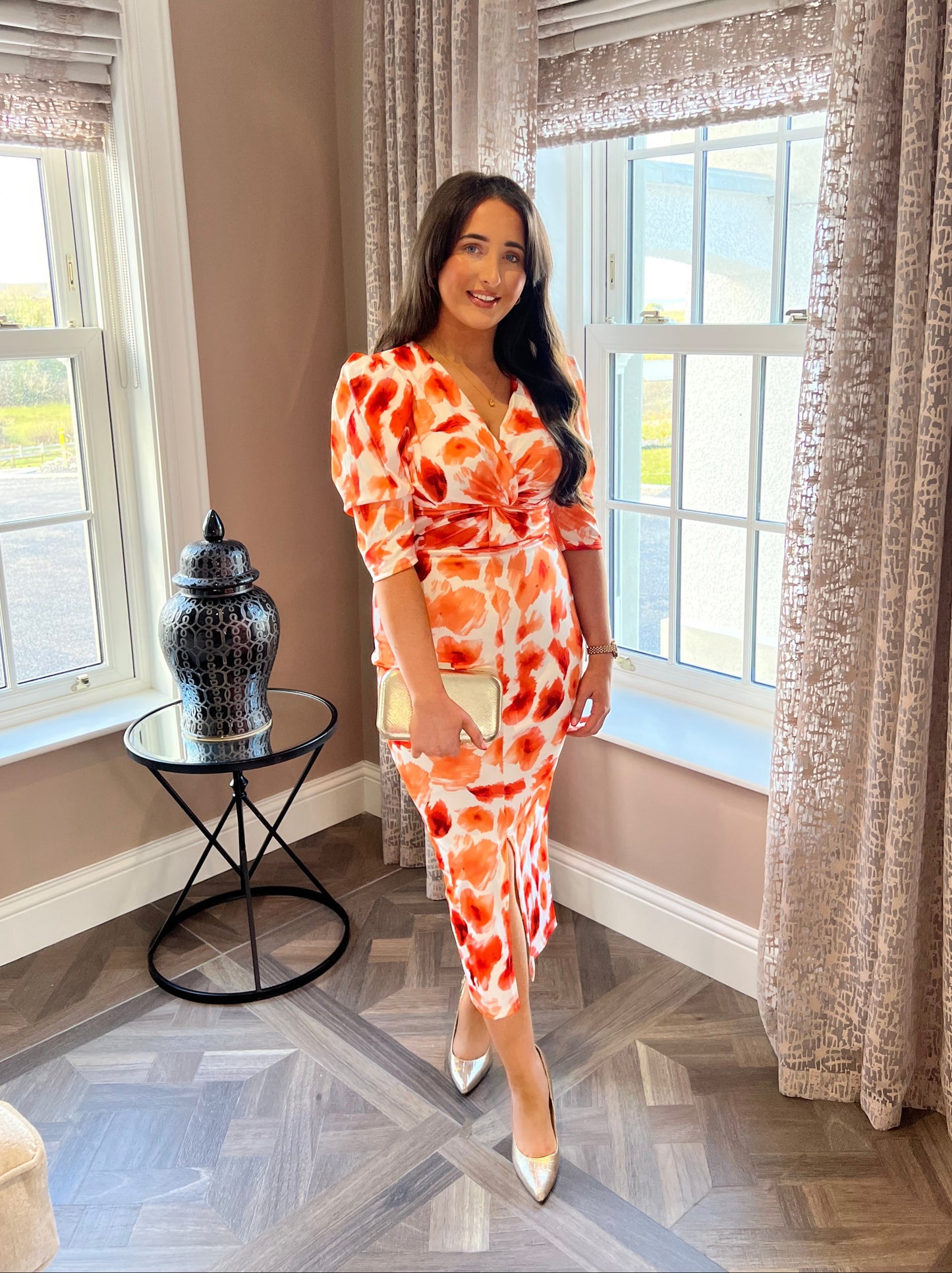 Harpur Orange And White Plunge Neck Midi Dress