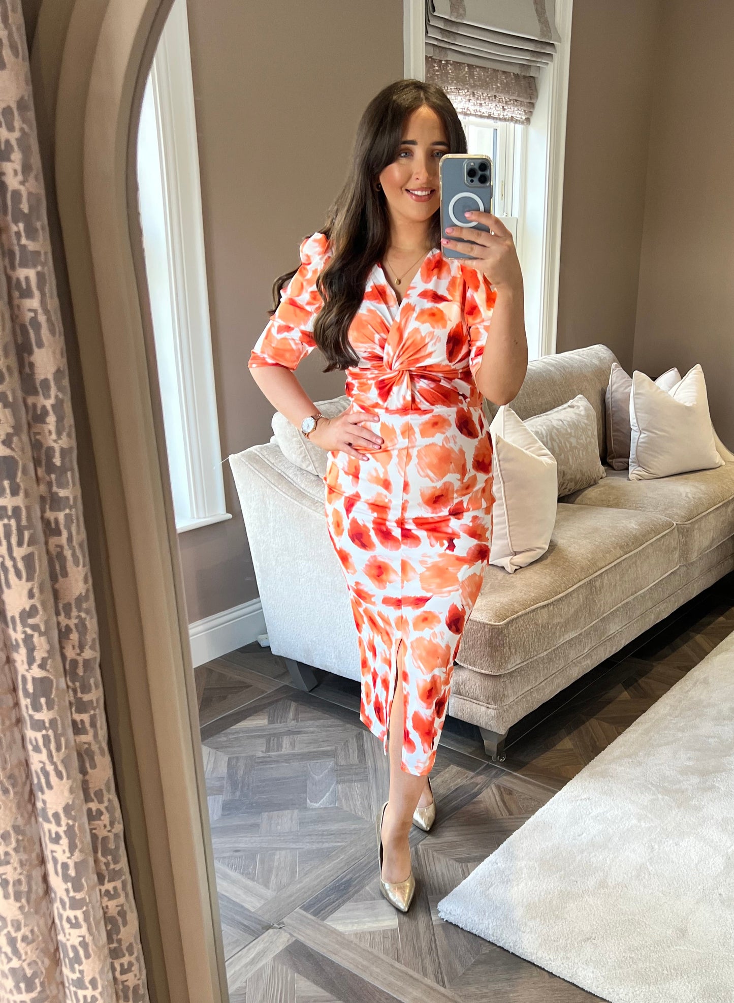 Harpur Orange And White Plunge Neck Midi Dress