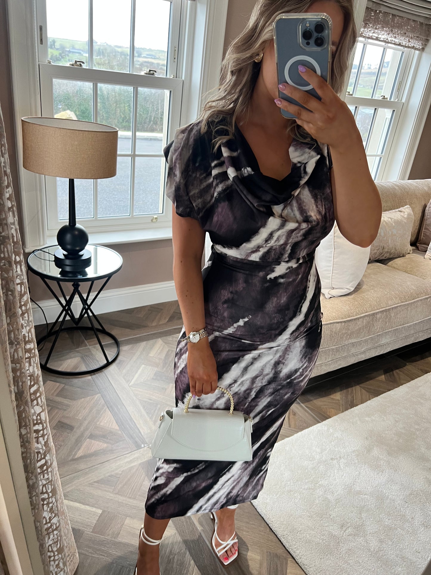 Jessica Black And Cream Marble Print Long Dress