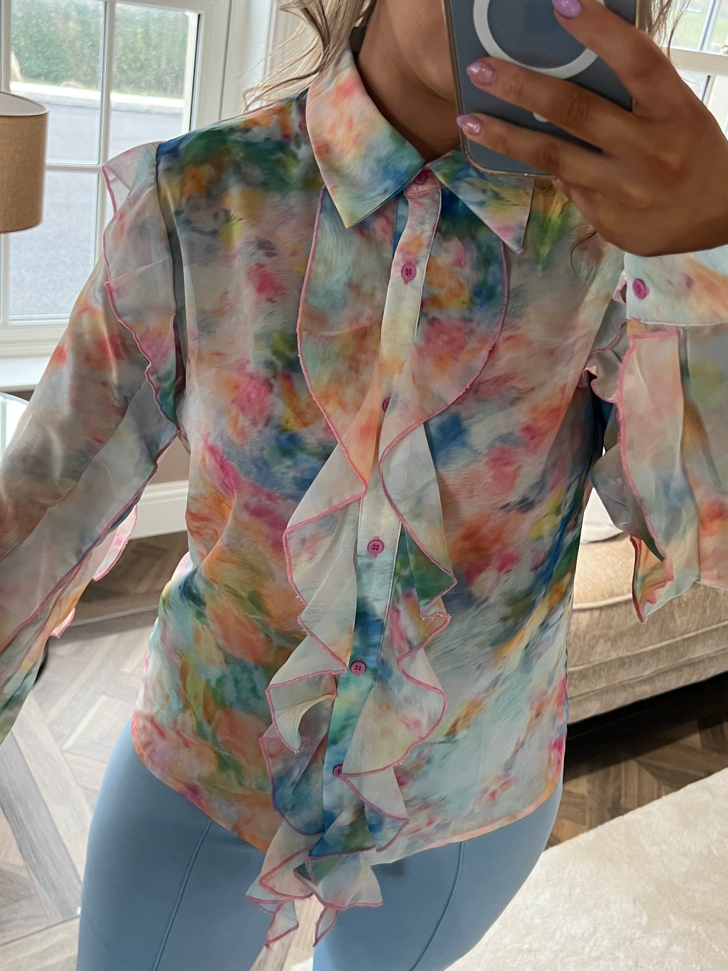 Emma Pastel Coloured Ruffle Long Sleeve Sheer Blouse
