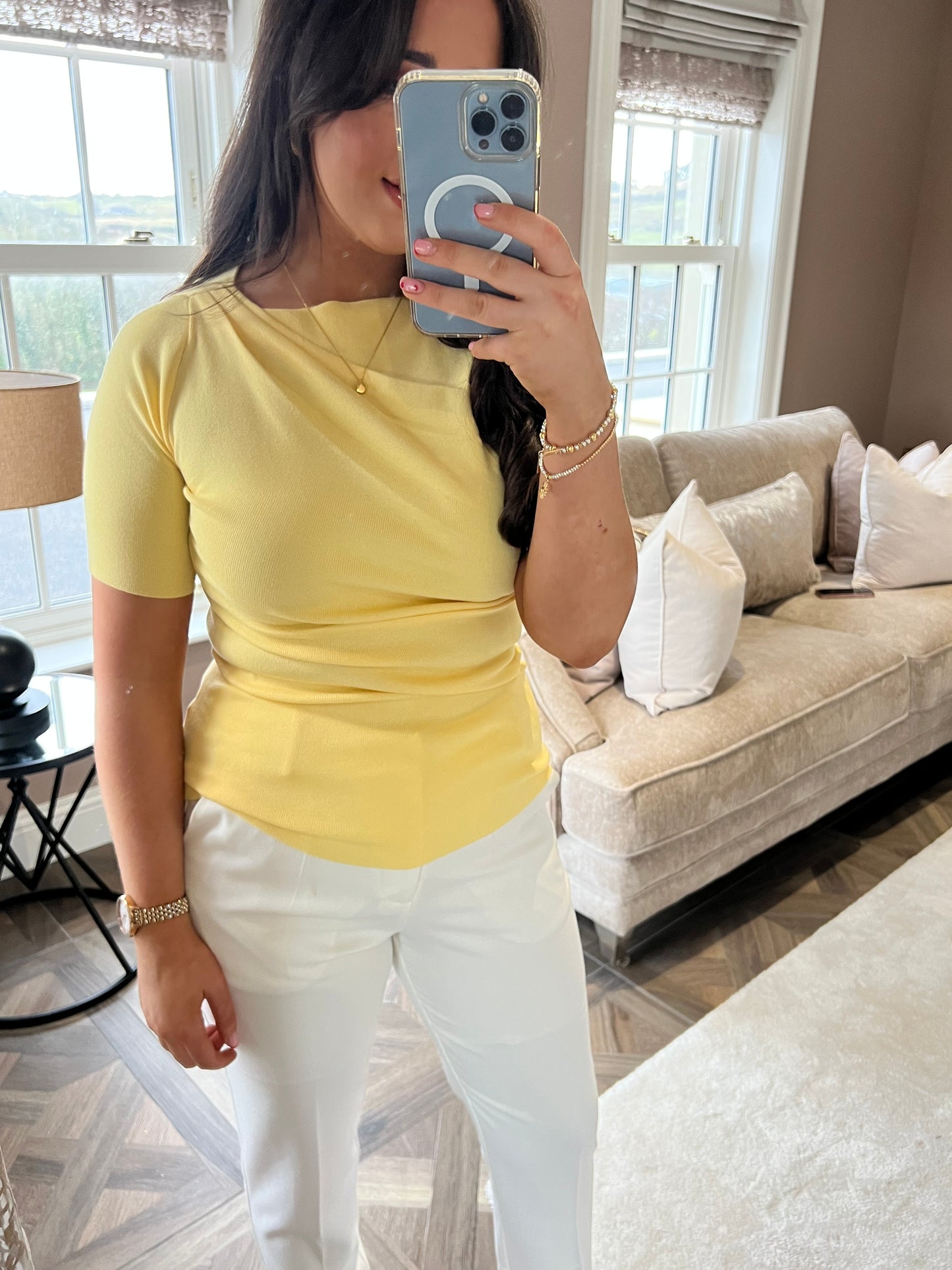 Lucy Yellow Knit Short Sleeve Ruched Top