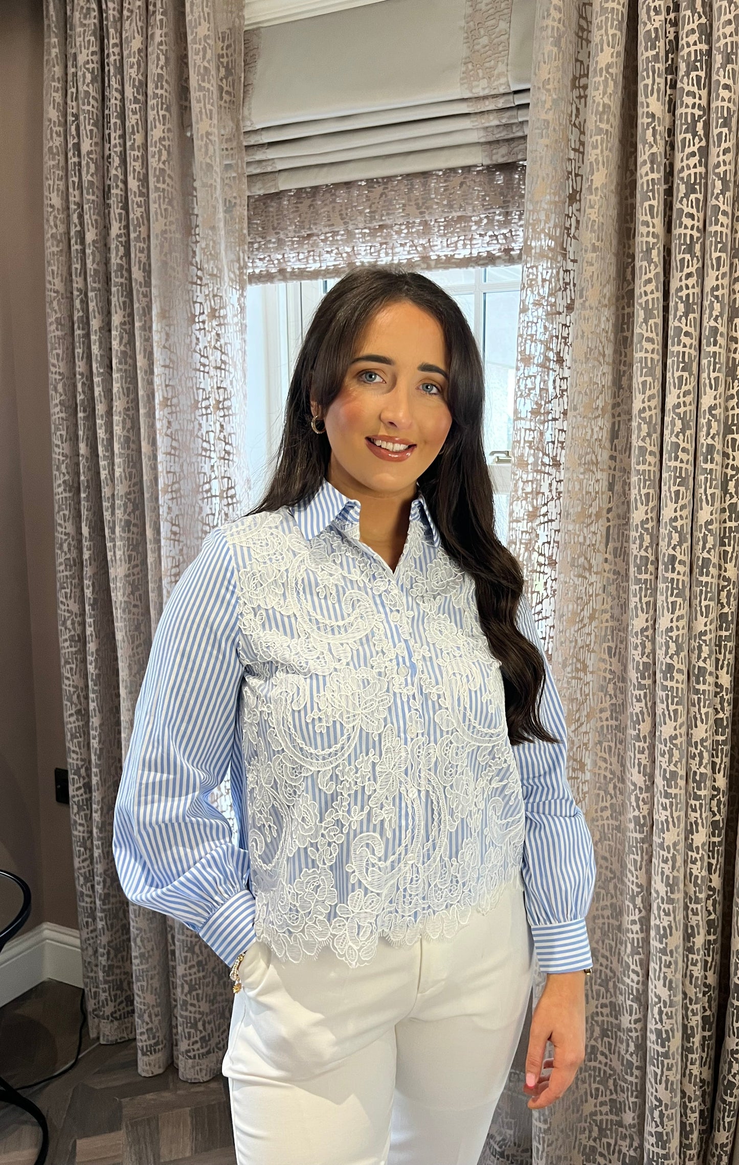 Lucia Laced Embroidered Blue And White Pin Striped Shirt