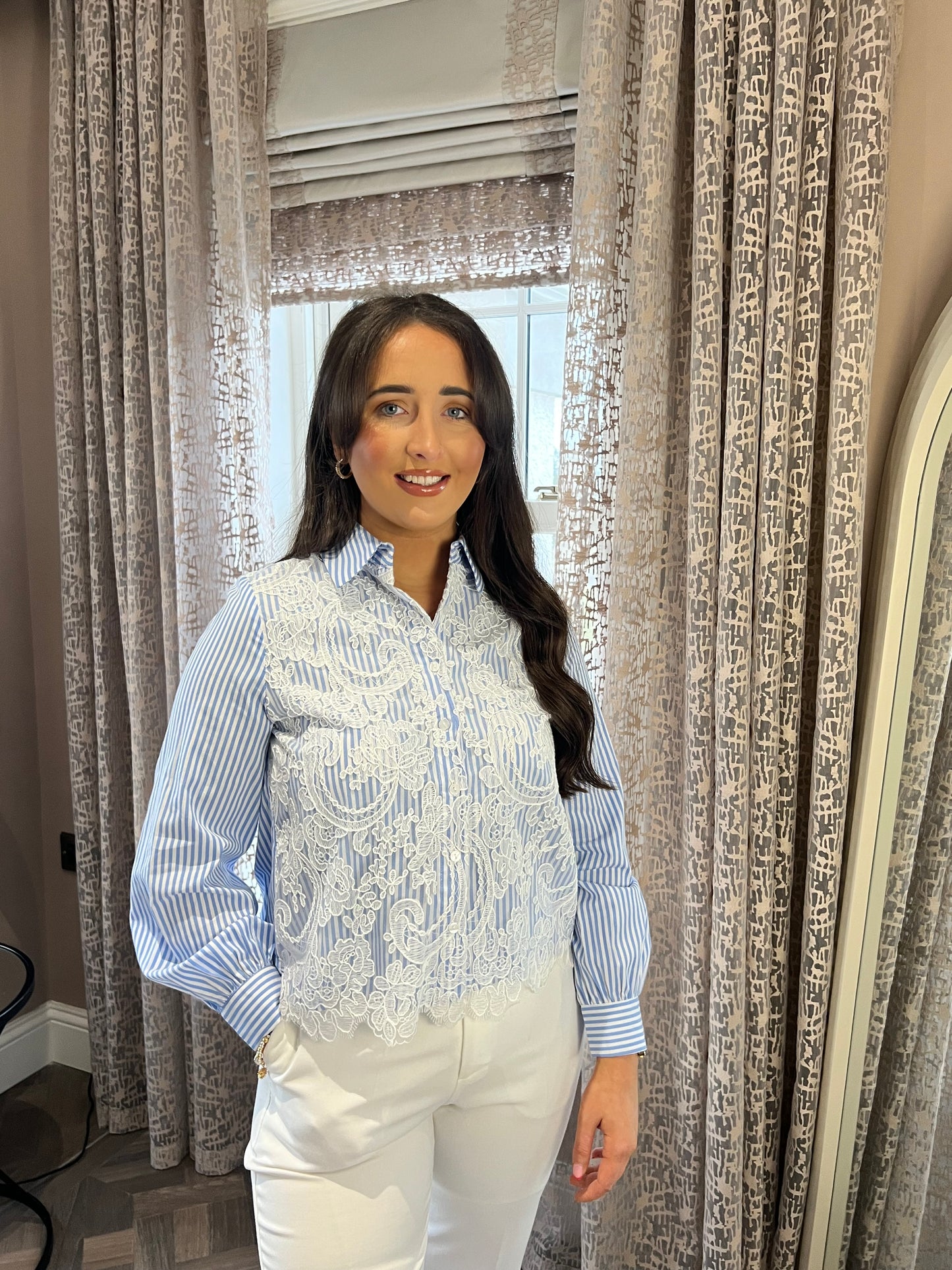Lucia Laced Embroidered Blue And White Pin Striped Shirt