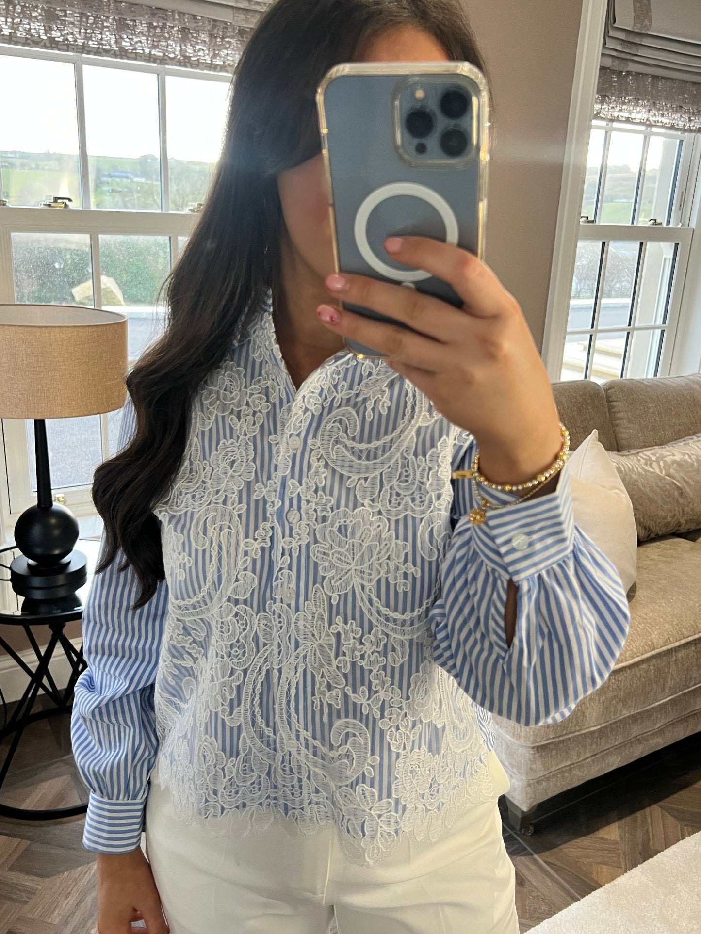 Lucia Laced Embroidered Blue And White Pin Striped Shirt