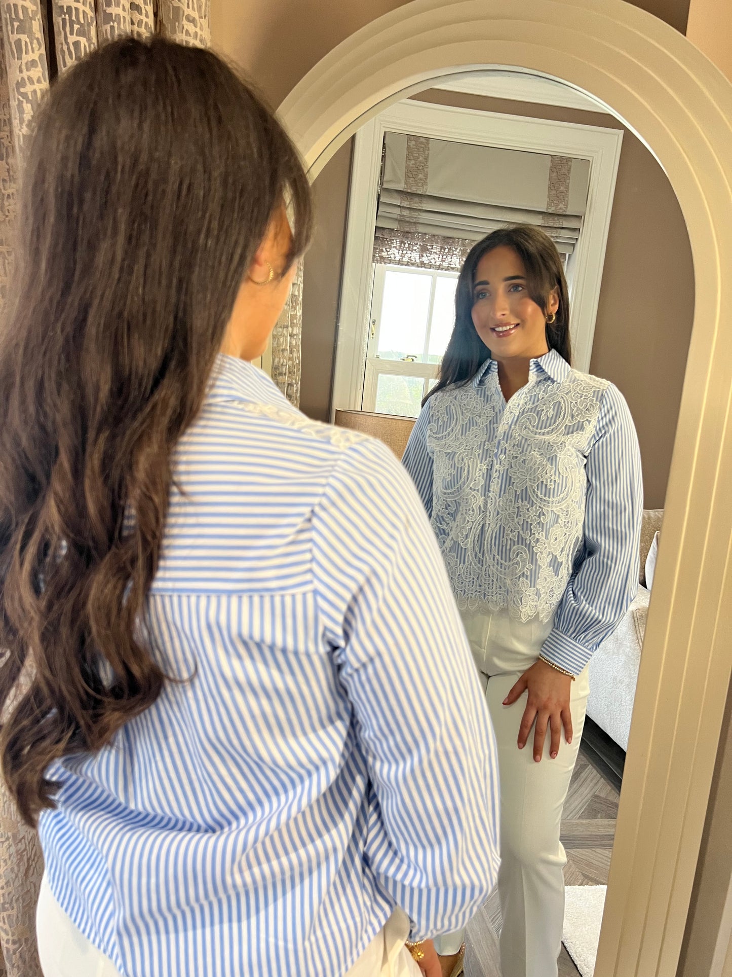 Lucia Laced Embroidered Blue And White Pin Striped Shirt