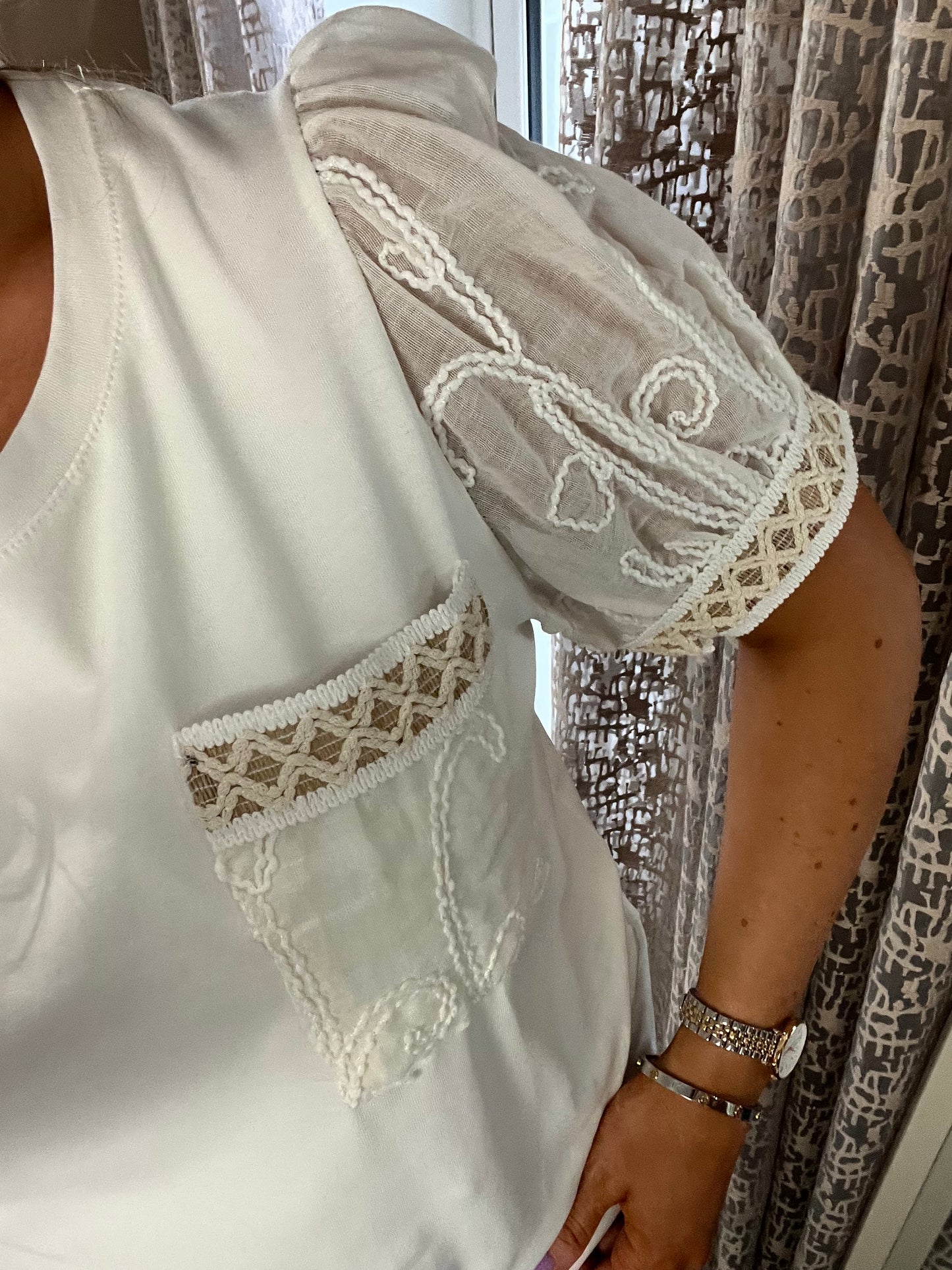 Taylor Puff Sleeve Crochet Detail Off White T-Shirt