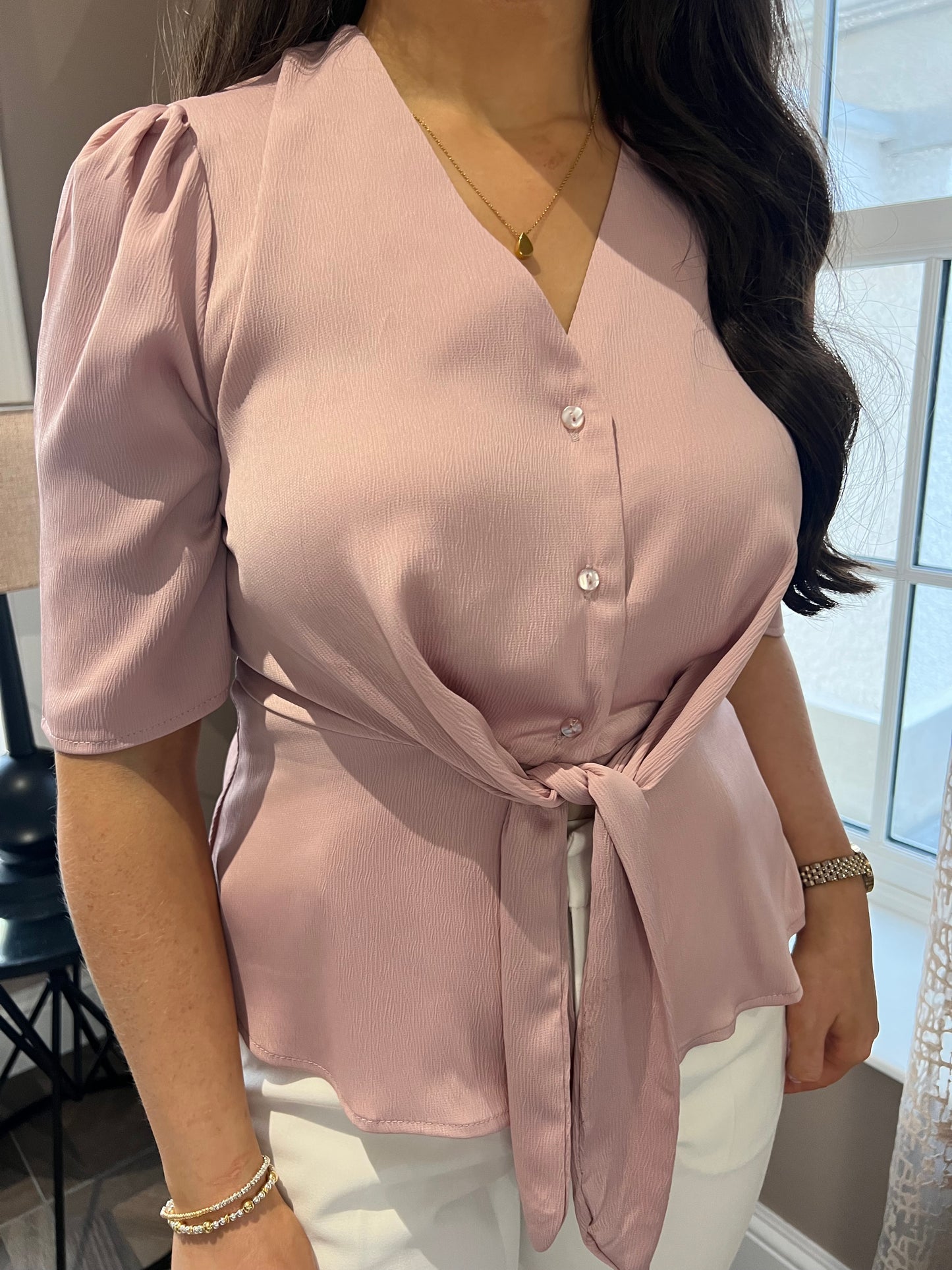 Molly Short Sleeve Knotted Satin Top