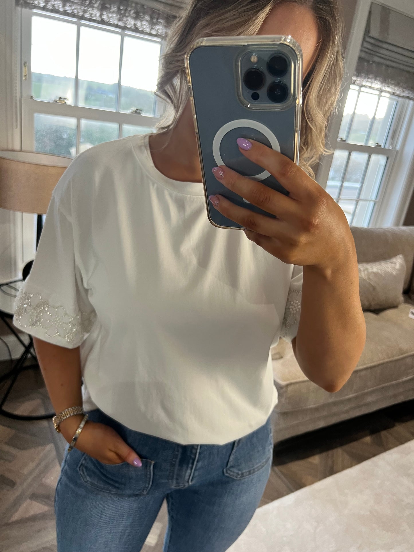 Tilly White T-shirt With Rhinestone Cuffs