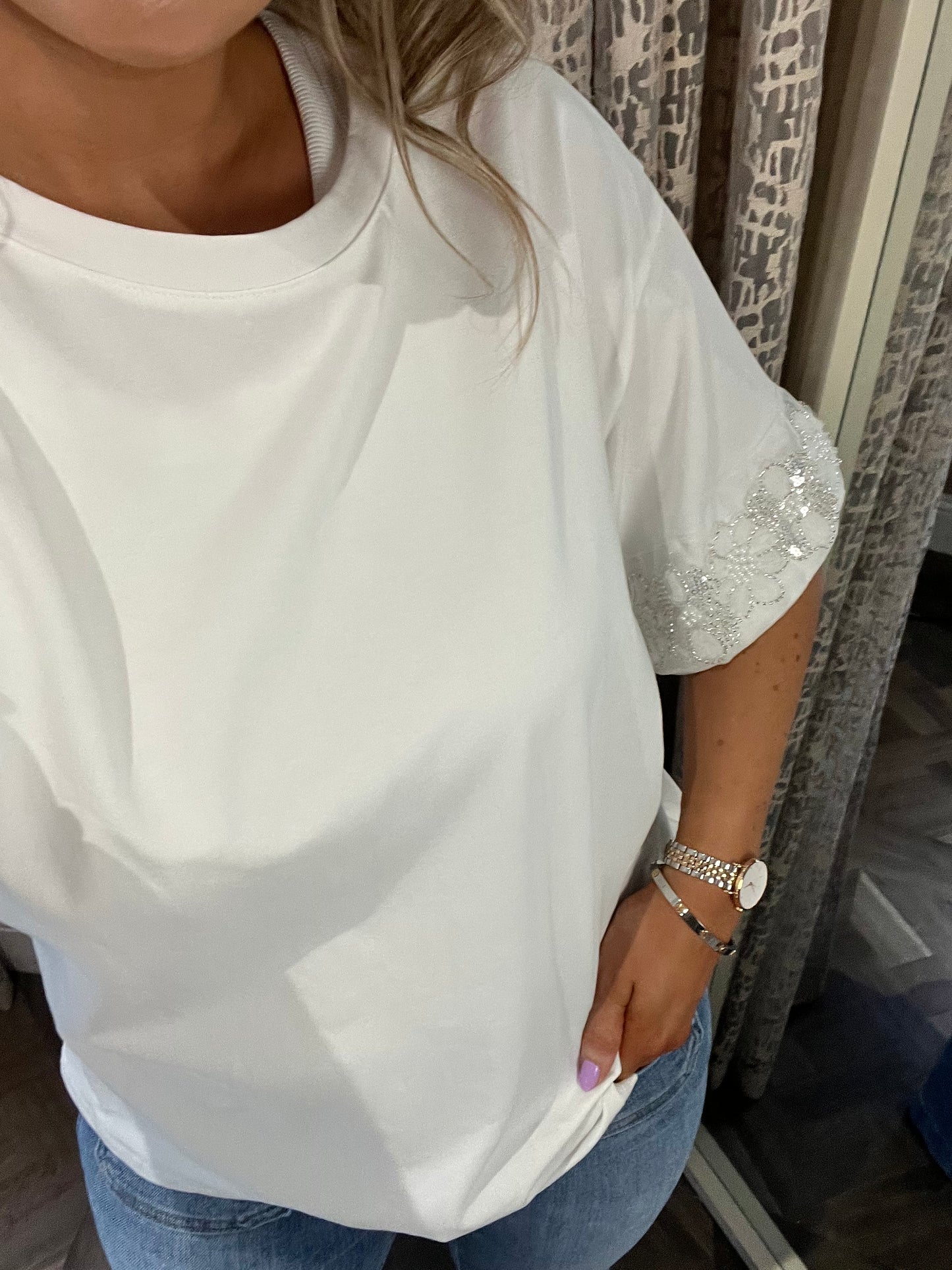 Tilly White T-shirt With Rhinestone Cuffs
