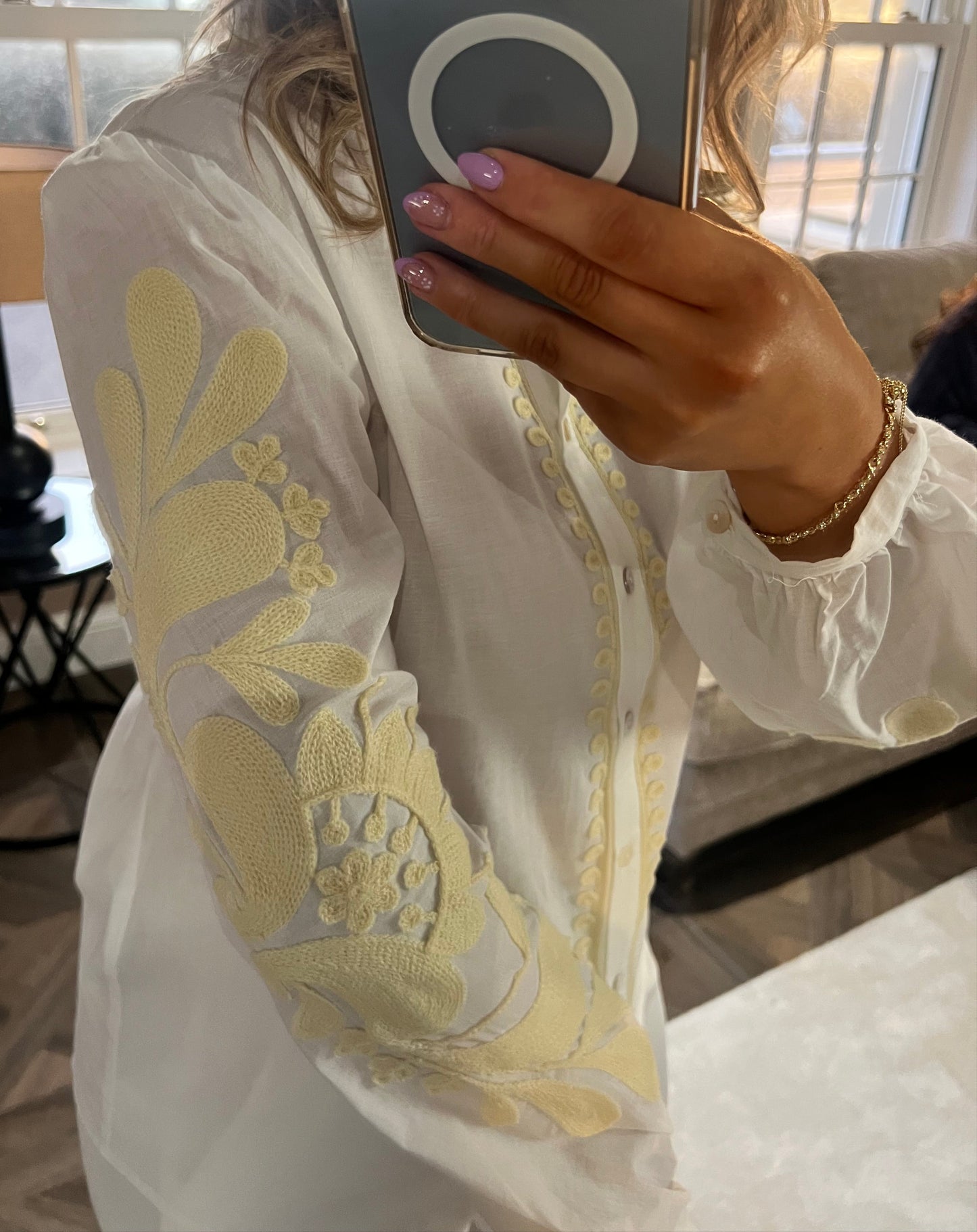 Lana White And Cream Embroidered Long Sleeve Shirt