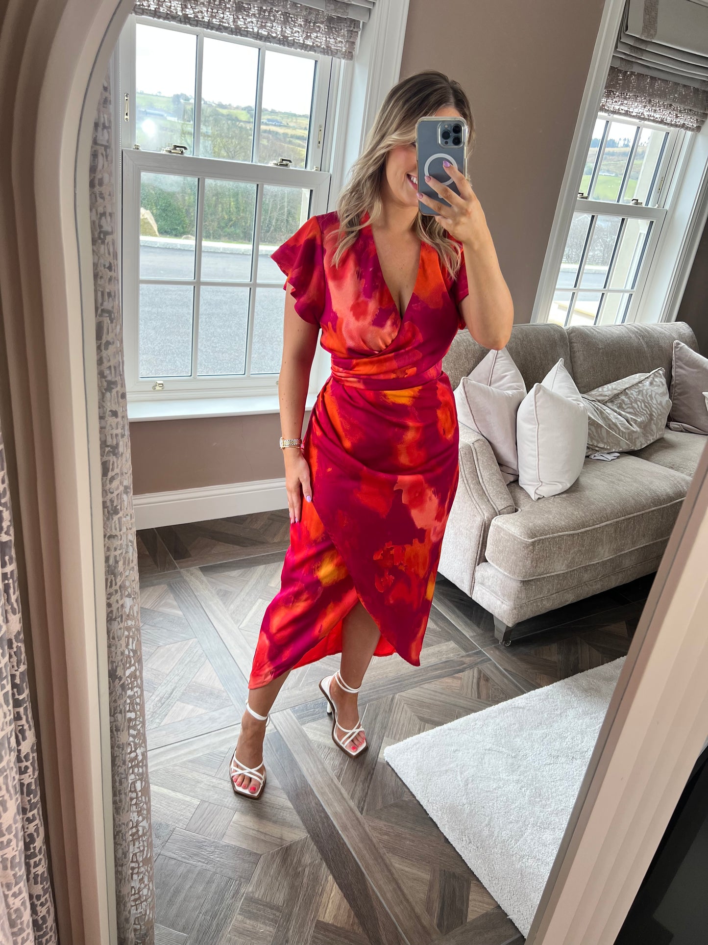 Olivia Pink And Orange Smudge Print Flutter Sleeve Wrap Midi Dress