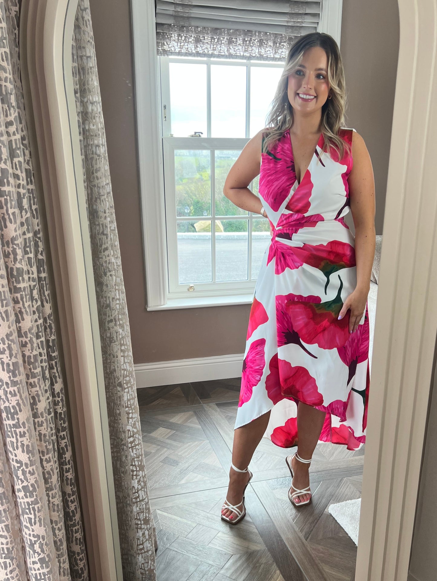 Amelia Pink And Cream Floral Print Wrap Gathered Midi Dress