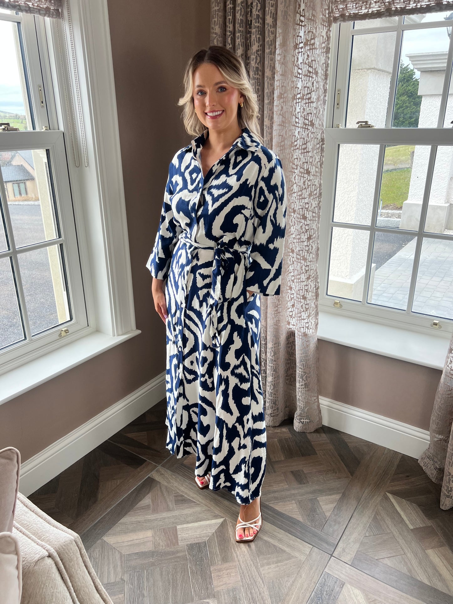 Grace Navy And Cream Abstract Print 3/4 Sleeve Tie Waist Shirt Midi Dress