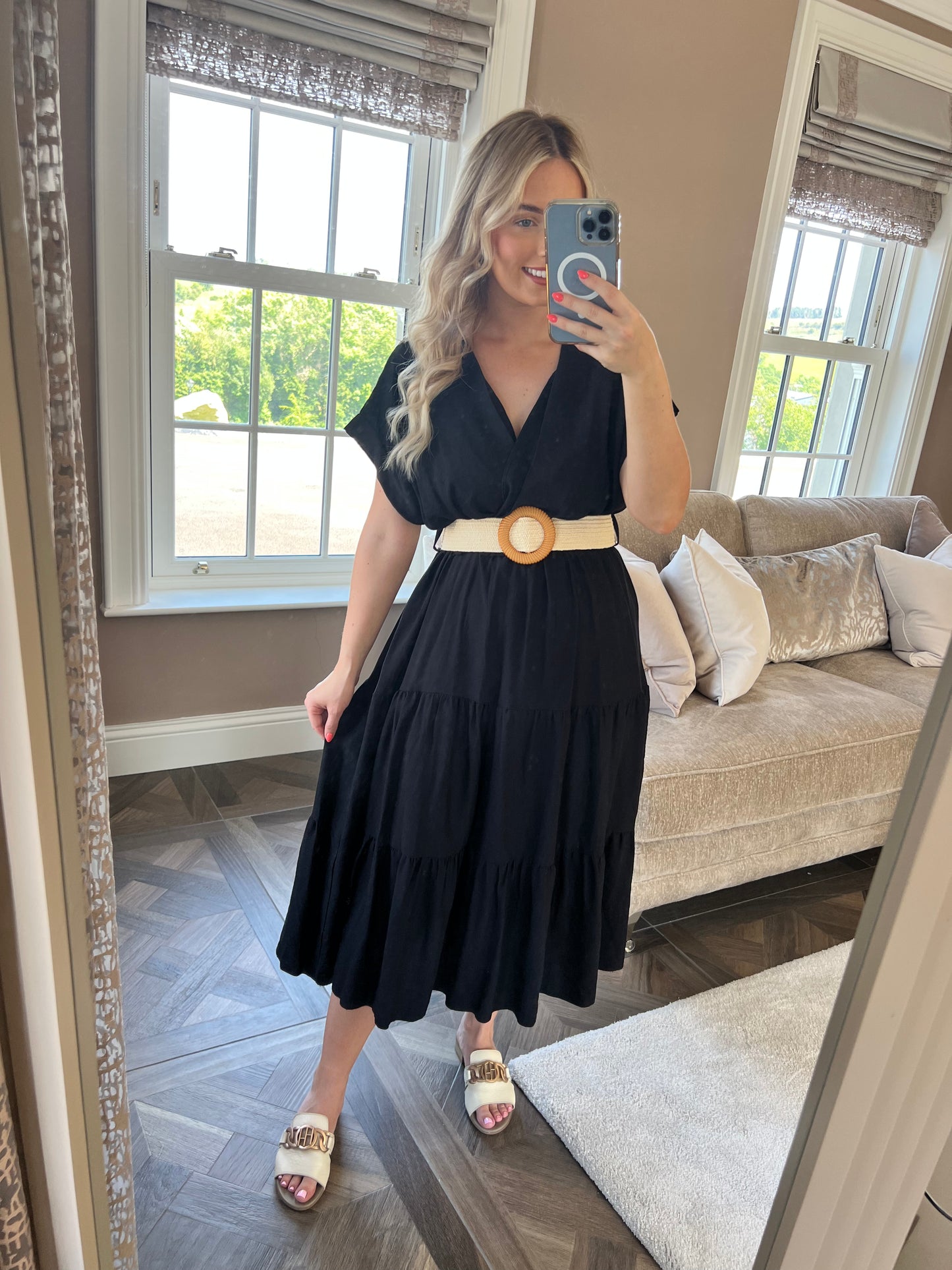Polly Black V Neck Tiered Smock Dress