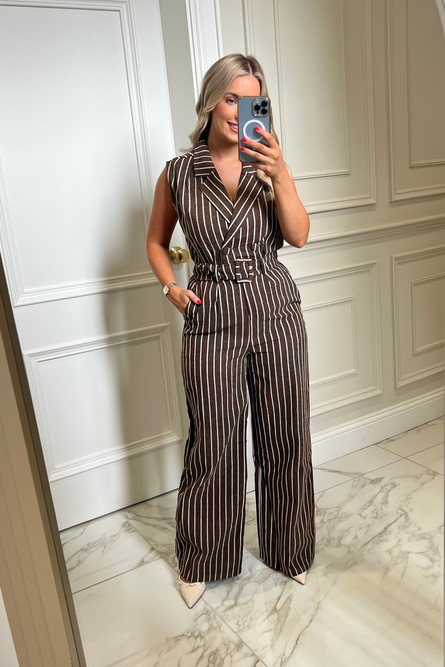 Charlotte Corduroy Chocolate Pin Striped Wide Leg Jumpsuit