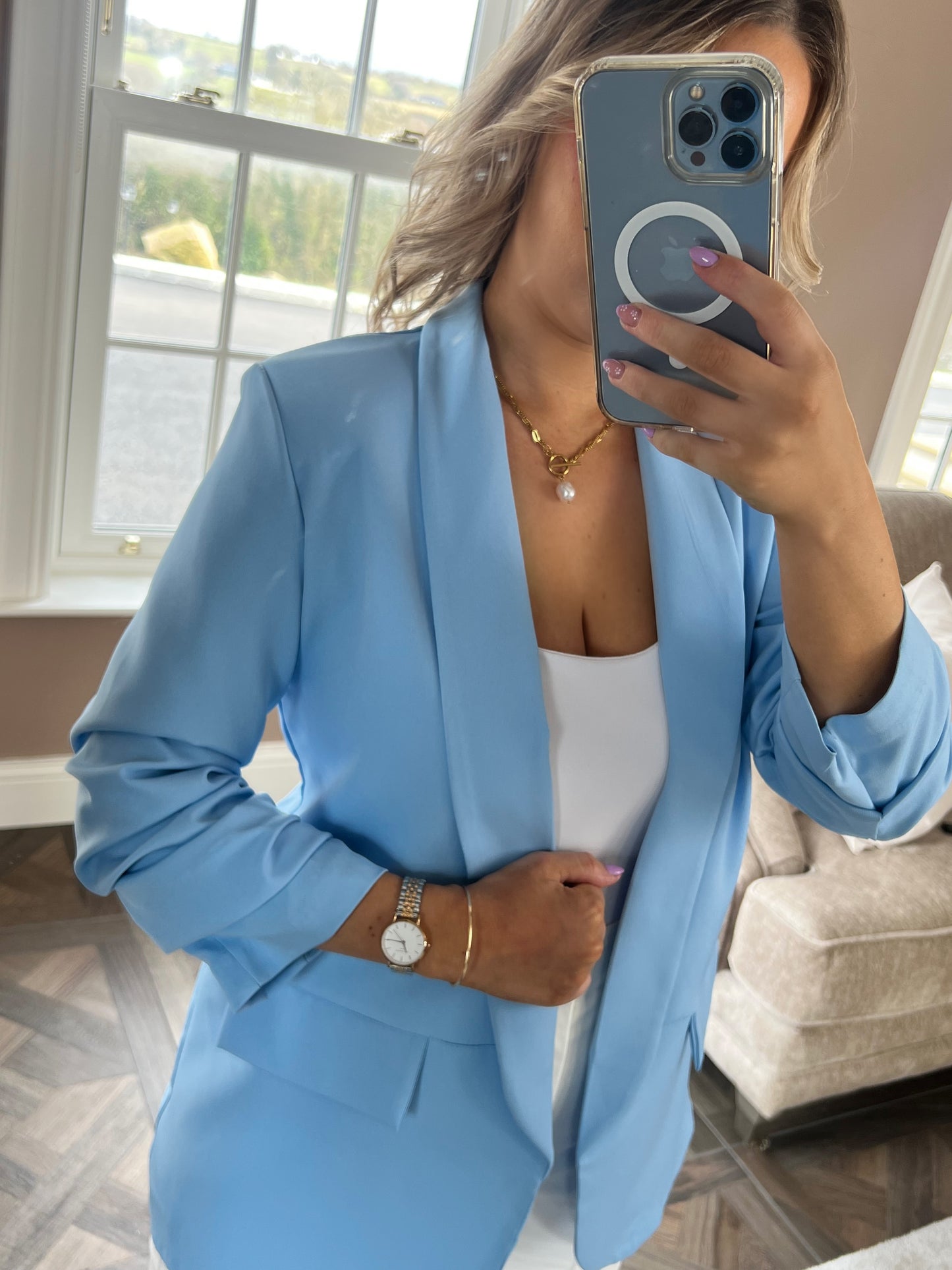 Kelly Ruched Sleeve Blazer Light Blue