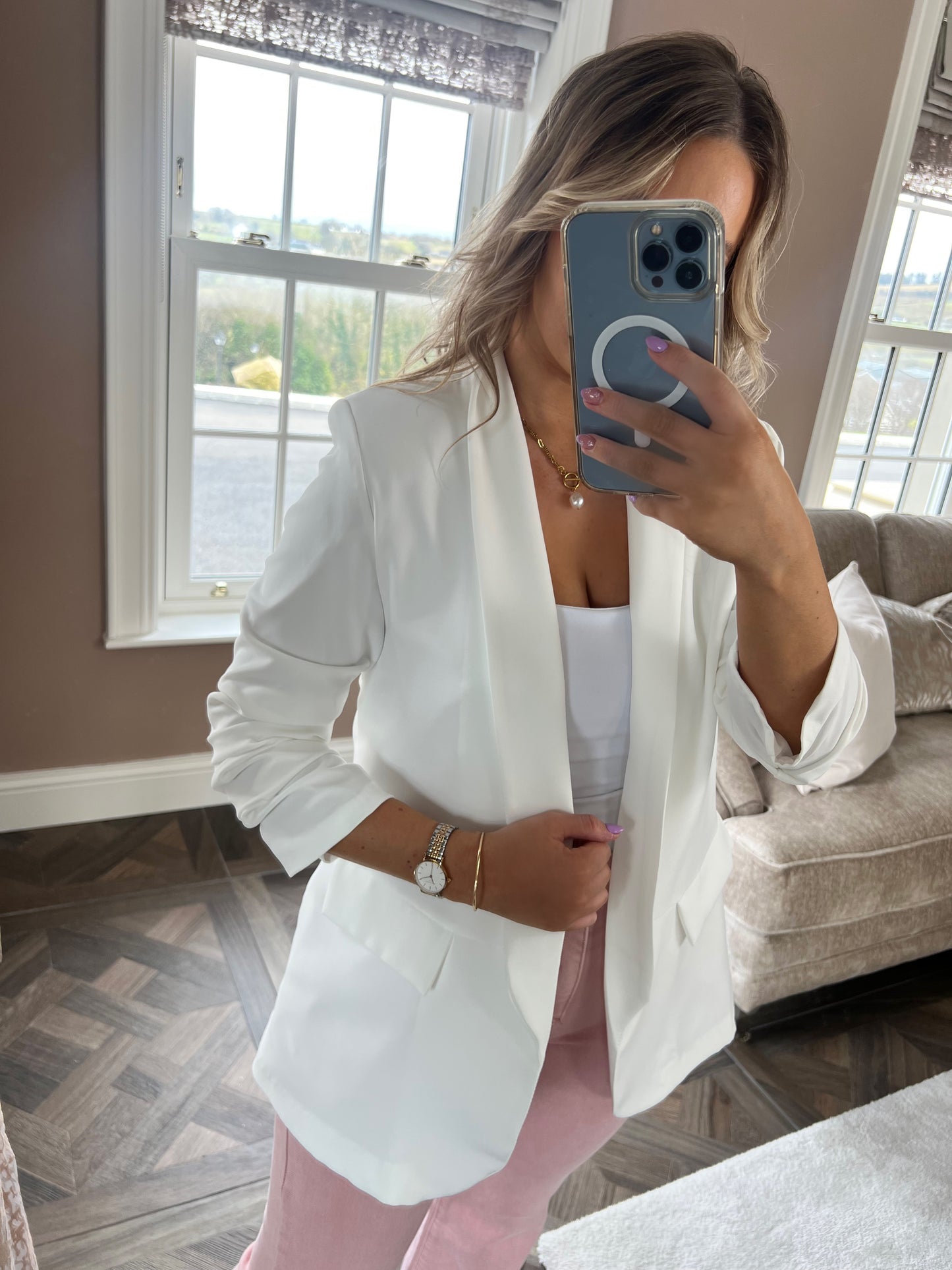 Kelly Ruched Sleeve Blazer White