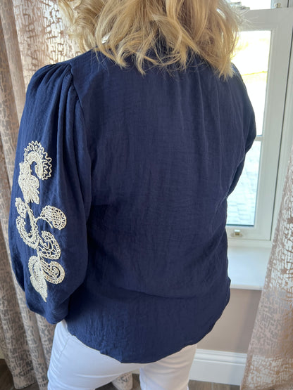 Jordan V Neck Navy Embroidered Long Sleeve Shirt