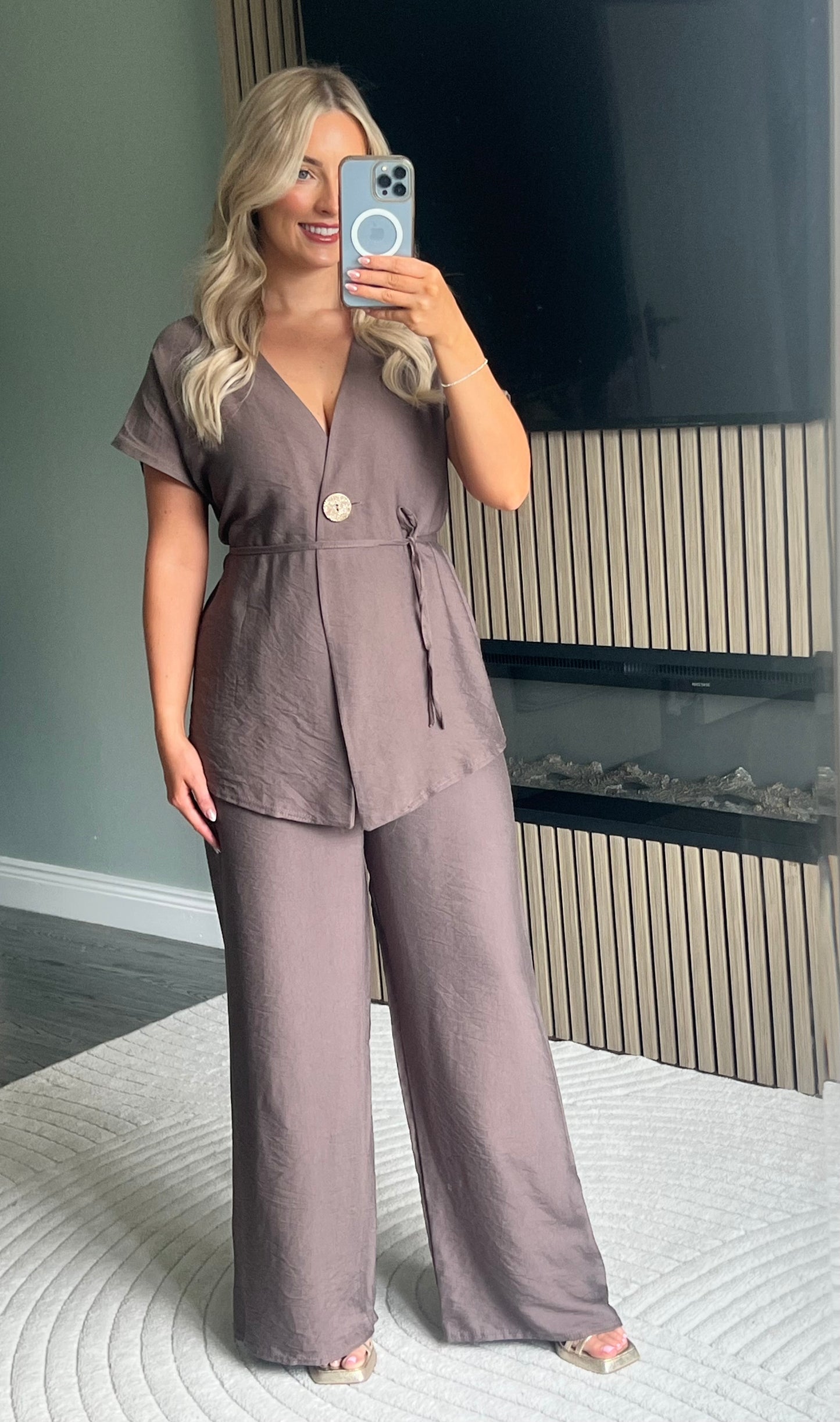 Clara Taupe V-Neck Wide Leg Two-Piece Set