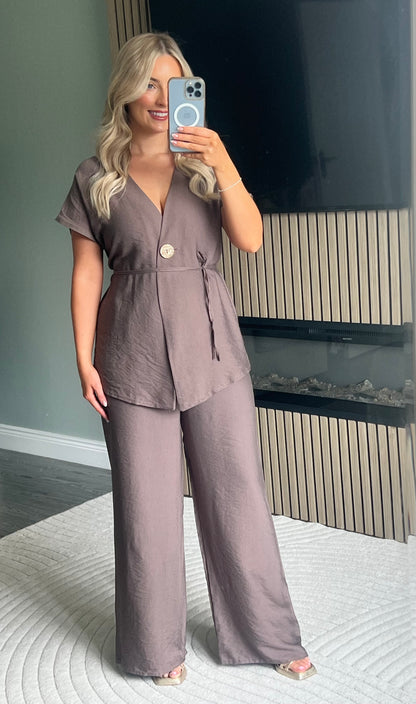 Clara Taupe V-Neck Wide Leg Two-Piece Set