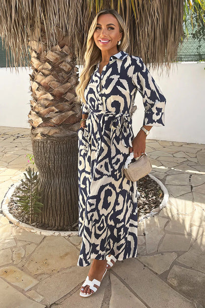 Grace Navy And Cream Abstract Print 3/4 Sleeve Tie Waist Shirt Midi Dress
