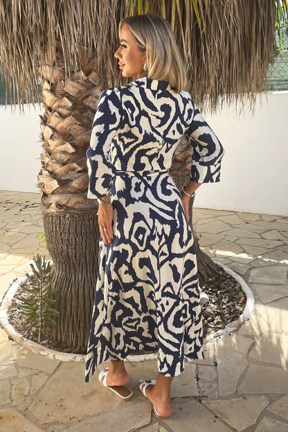 Grace Navy And Cream Abstract Print 3/4 Sleeve Tie Waist Shirt Midi Dress