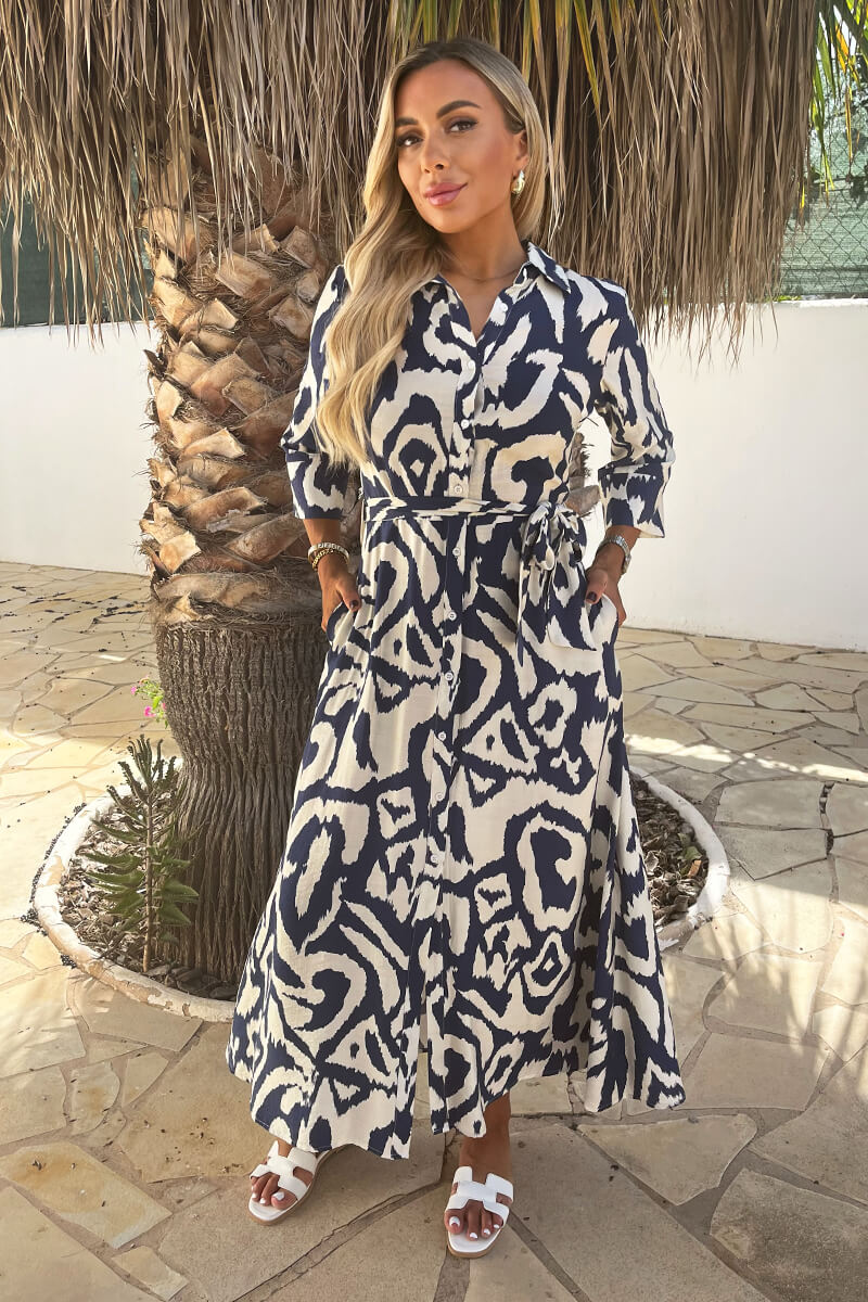 Grace Navy And Cream Abstract Print 3/4 Sleeve Tie Waist Shirt Midi Dress