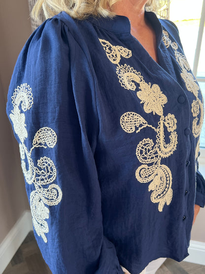 Jordan V Neck Navy Embroidered Long Sleeve Shirt