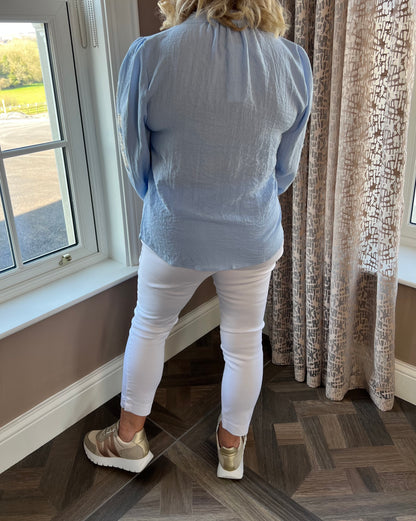 Jordan V Neck Powder Blue Embroidered Long Sleeve Shirt