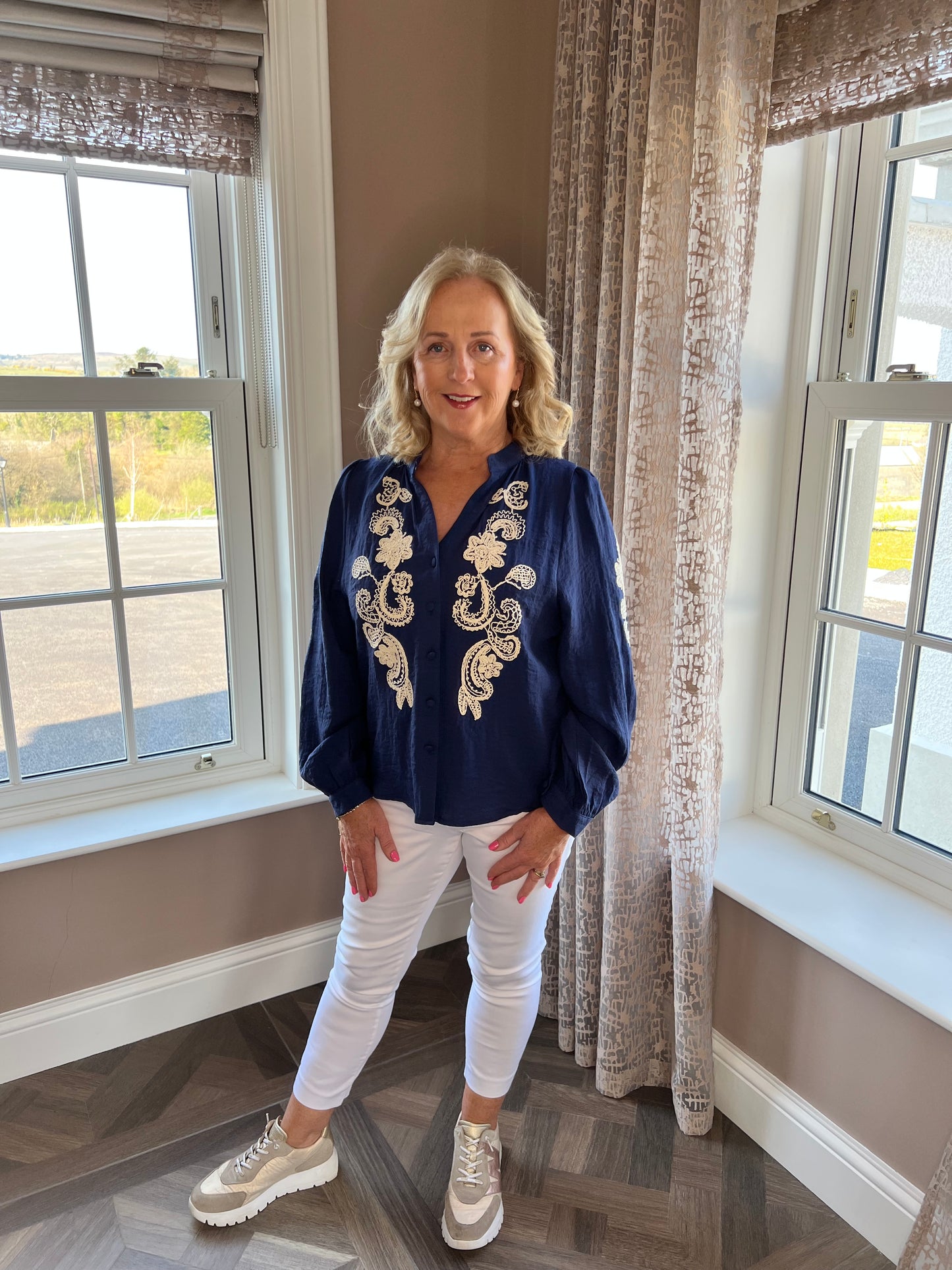 Jordan V Neck Navy Embroidered Long Sleeve Shirt