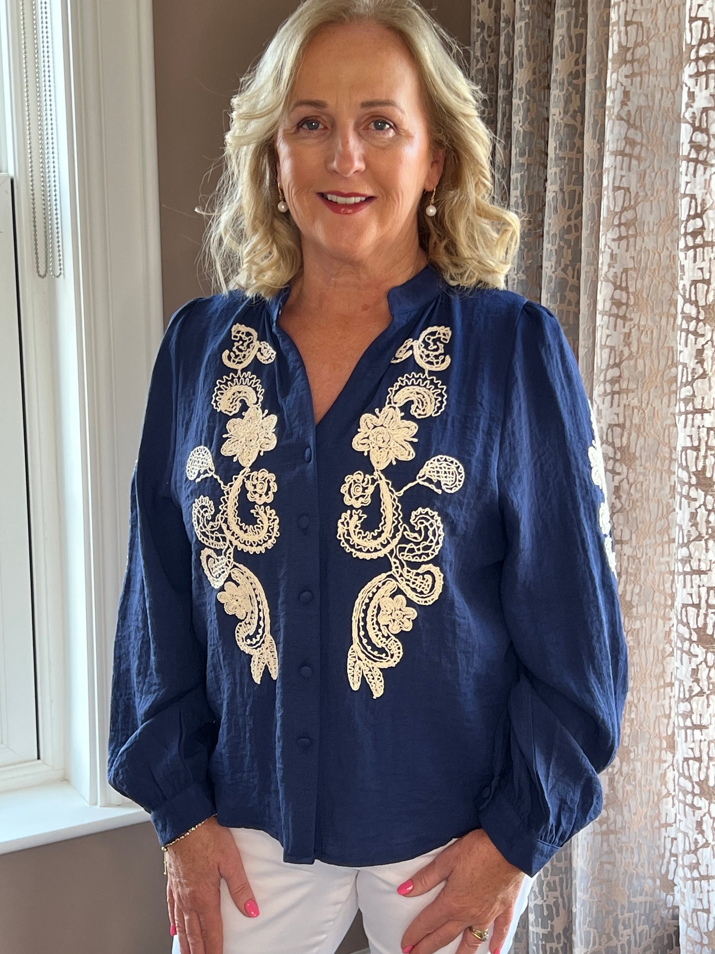 Jordan V Neck Navy Embroidered Long Sleeve Shirt