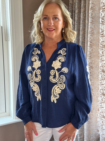 Jordan V Neck Navy Embroidered Long Sleeve Shirt